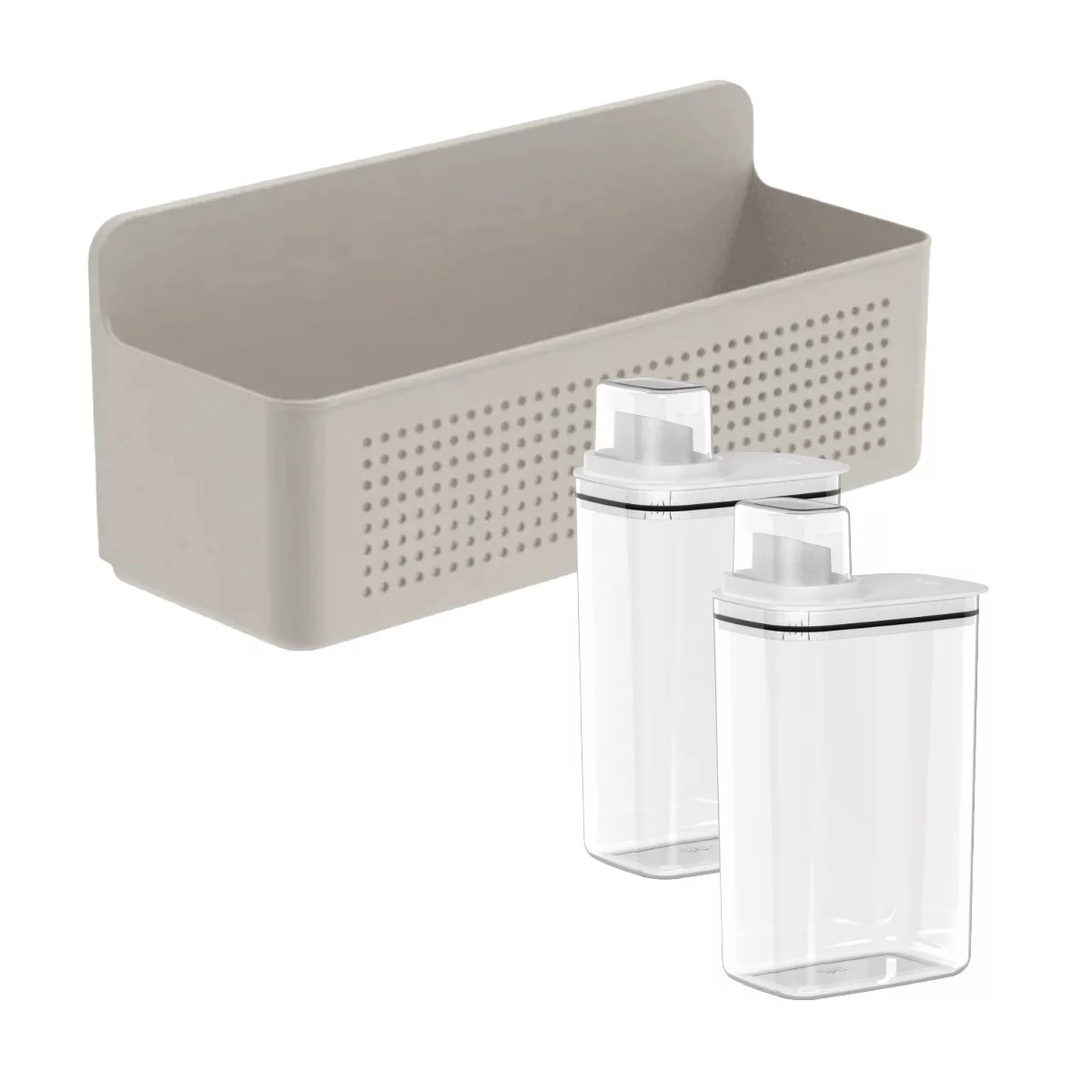 OU Laundry Detergent Dispenser & Wall-Mounted Storage Organizer Set, 2 Pack 77oz Clear Soap with Measuring Cap