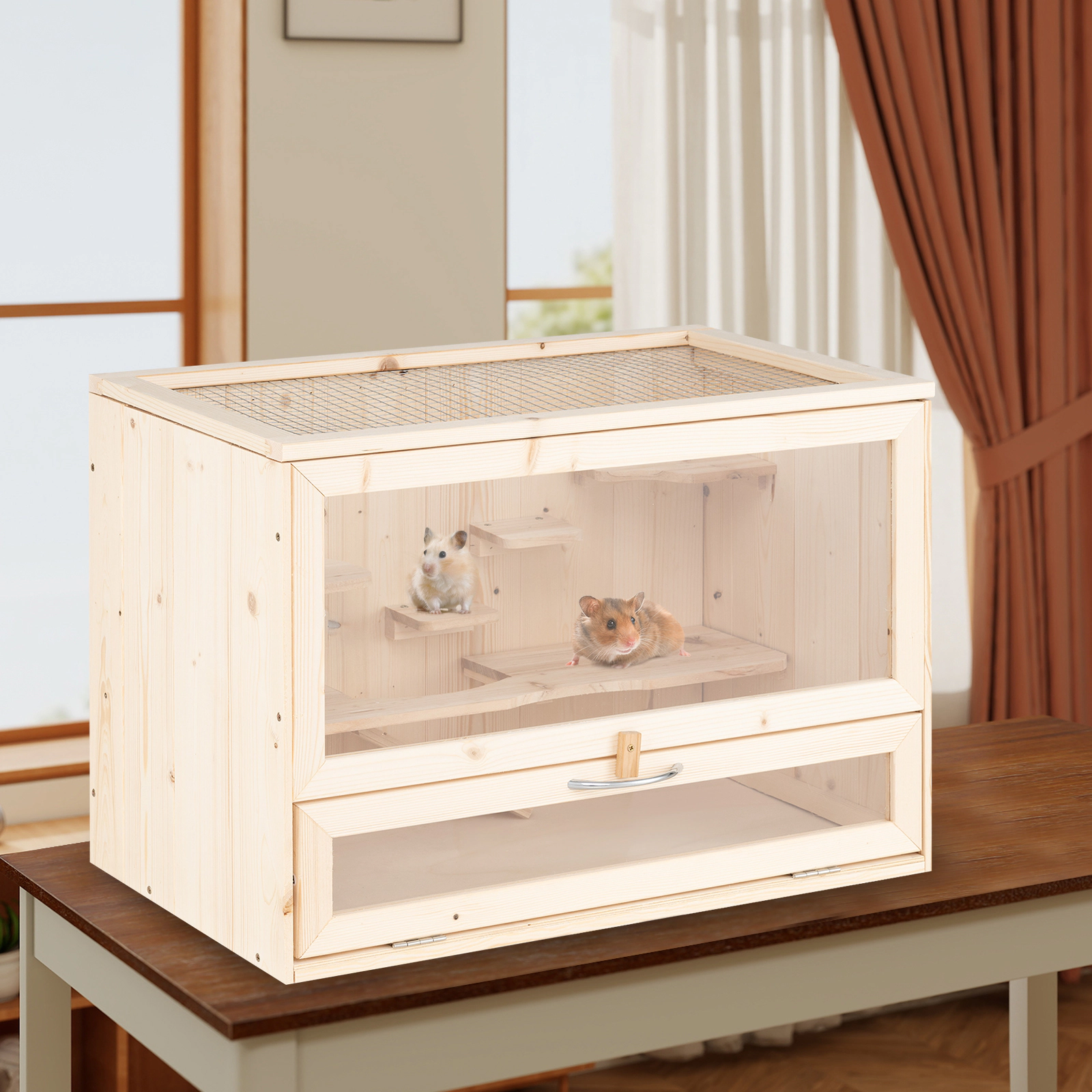 23.5-in Wooden Hamster Cage Mesh Flip Roof Fir Wood and Acrylic Small Animal Habitat Ladder Shelf Storage Rack Natural