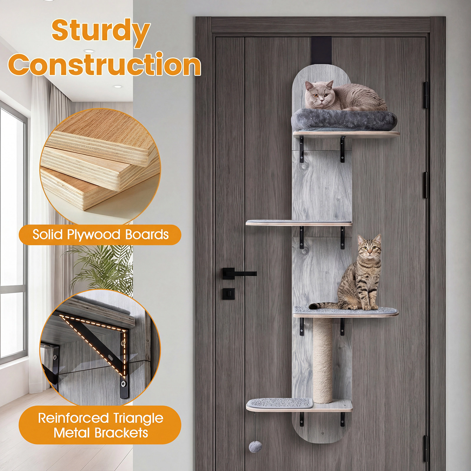 SUGIFT Door Hanging Cat Climber 5-Level Adjustable Cat Tree 11-lb Capacity with Plush Bed Beige Natural Gray