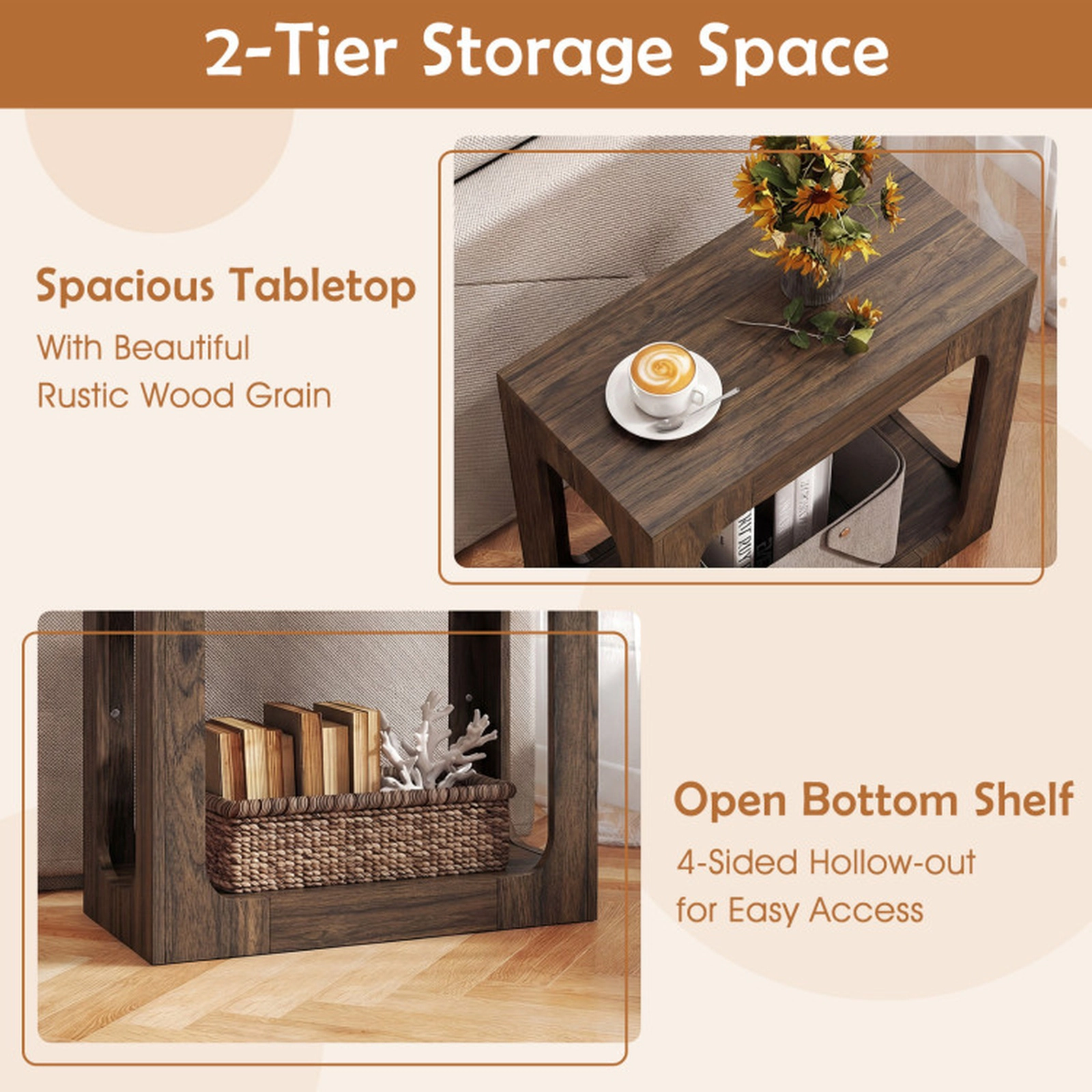 SUGIFT 23.5-Inch Narrow 2-Tier End Table with Open Shelf, Walnut Finish