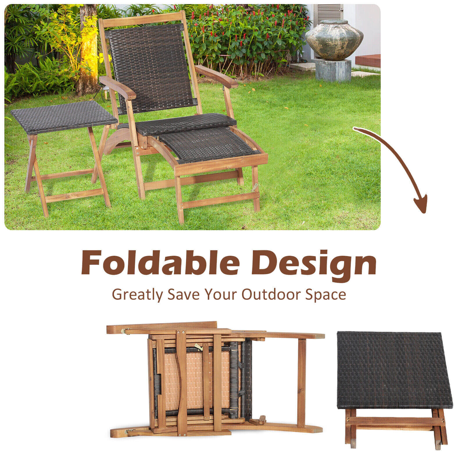 Hivvago 2 Pieces Patio Rattan Folding Lounge Chair with Acacia Wood Table