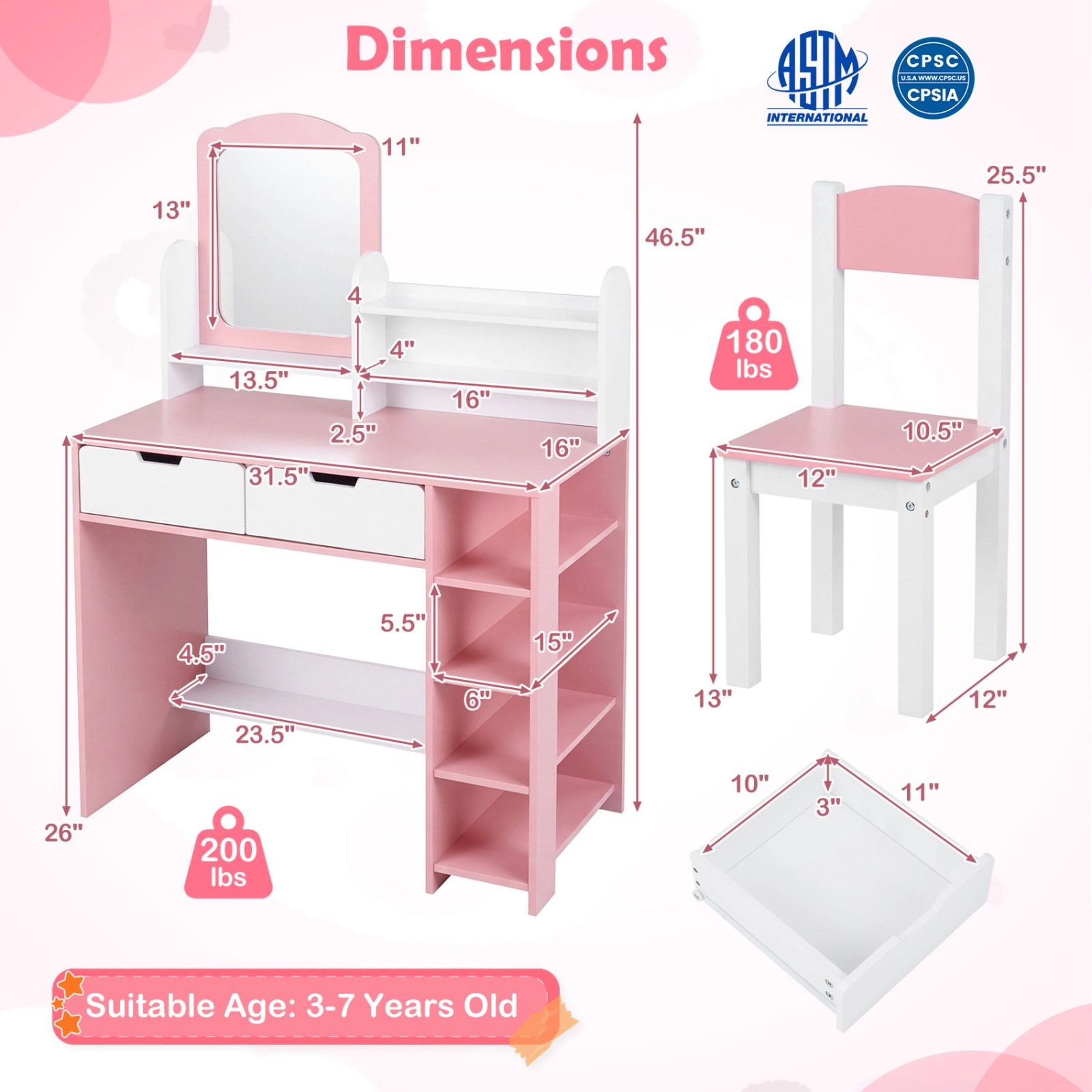 SUGIFT Kids Vanity Set White and Pink with Mirror Chair 2 Drawers and Side Shelves