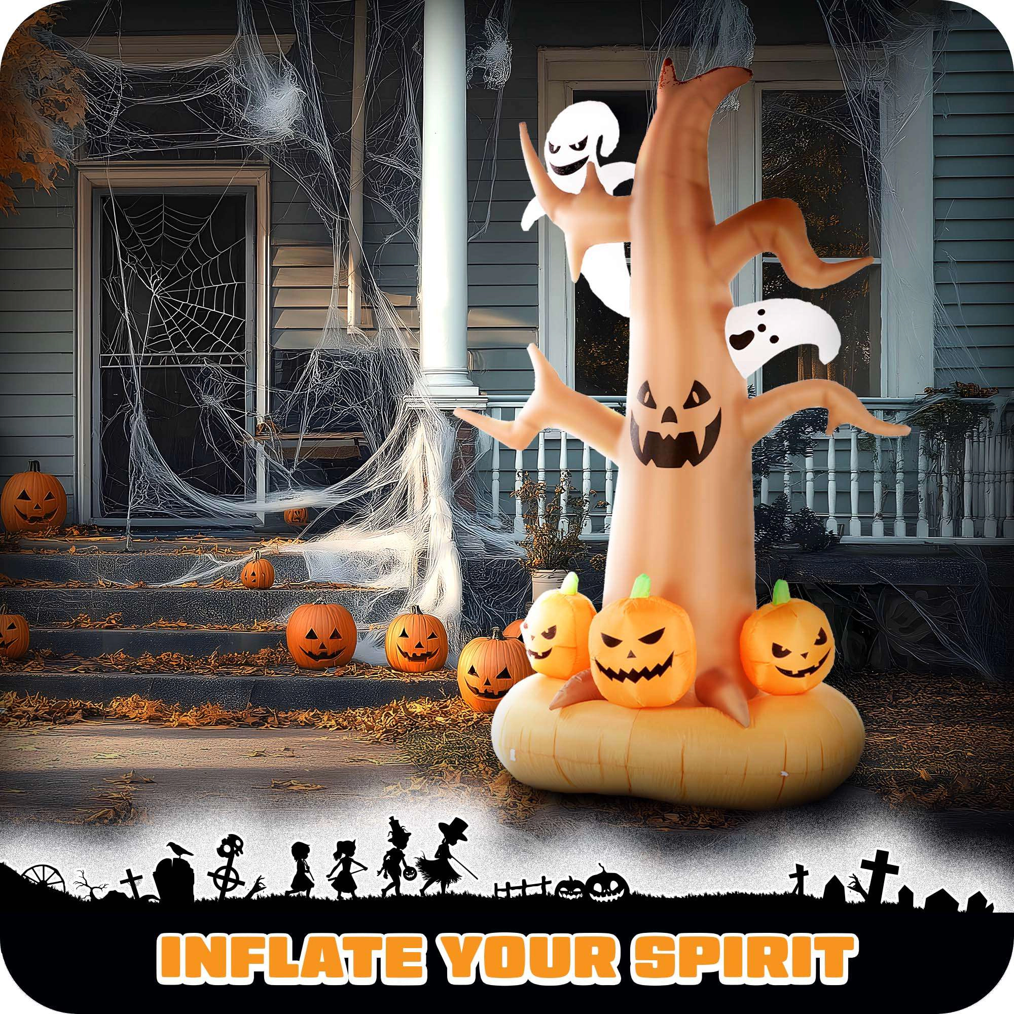 G128 8 ft Haunted Tree Inflatable with Ghosts and Pumpkins, LED Lights, Fast Inflate, Weather-Resistant Outdoor Decor