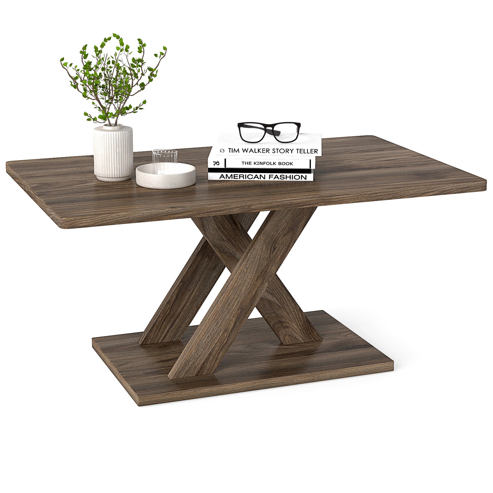 LJG 37.5 Inch Rectangular Coffee Table with Stable Base and Rubber Wood Connection for Living Room