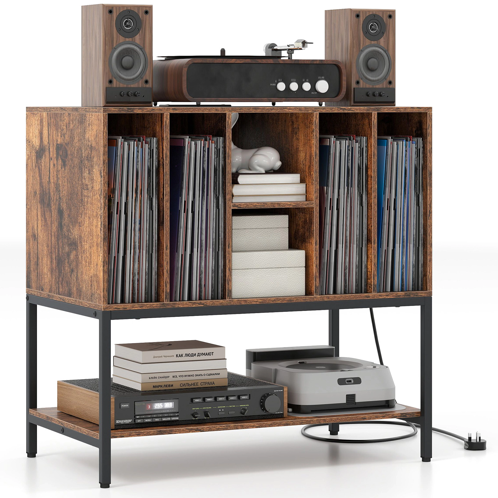 SUGIFT Record Player Stand with Charging Station and Metal Frame Accent Table 275-lb Capacity Rustic Brown & Black/White