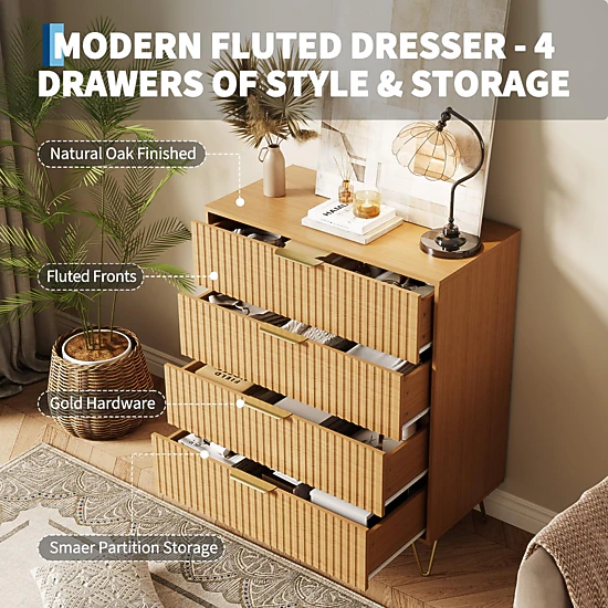 38" Tall Fluted 4 Drawer Dresser with Metal Handles, Modern Wood Storage Chest