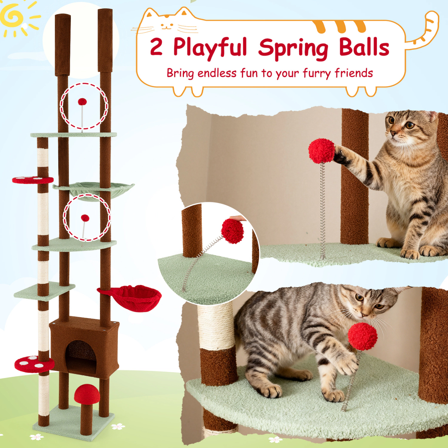 SUGIFT Height Adjustable Floor to Ceiling Cat Tree with Condo Hammock & Basket 22-lb Tiers 11-lb Hammock & Basket Brown