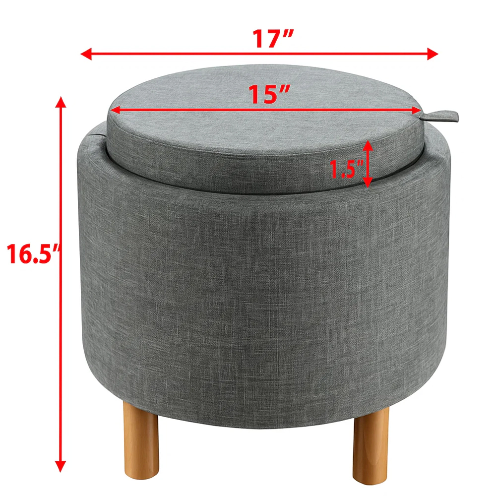 Hivvago Round Upholstered Storage Ottoman with Reversible Tray and Non-Slip Base for Bedroom