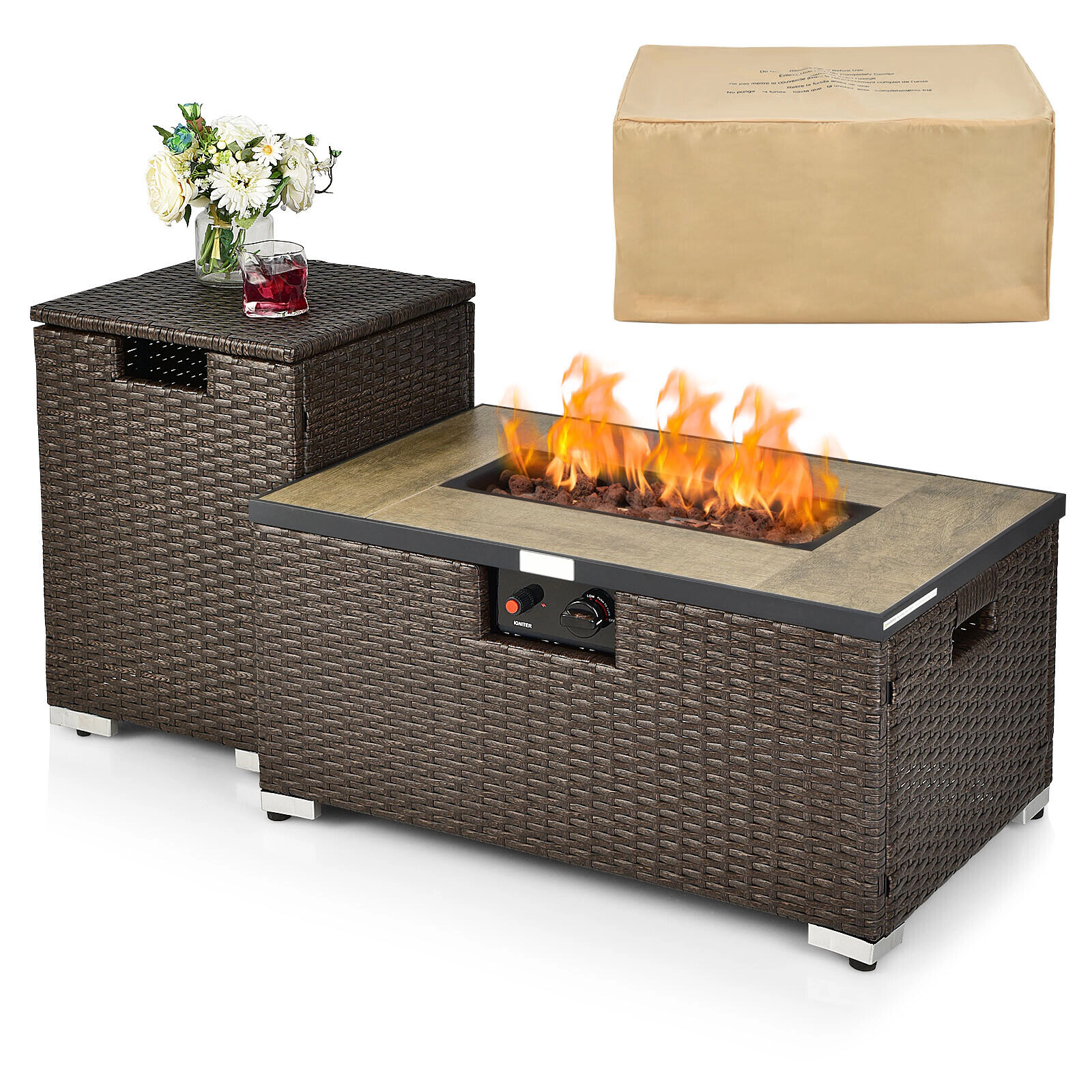 SUGIFT Brown Rattan Propane Fire Pit Table Set with Tank Holder 32-in W 20-in D 16-in H 256-lb Tabletop Capacity