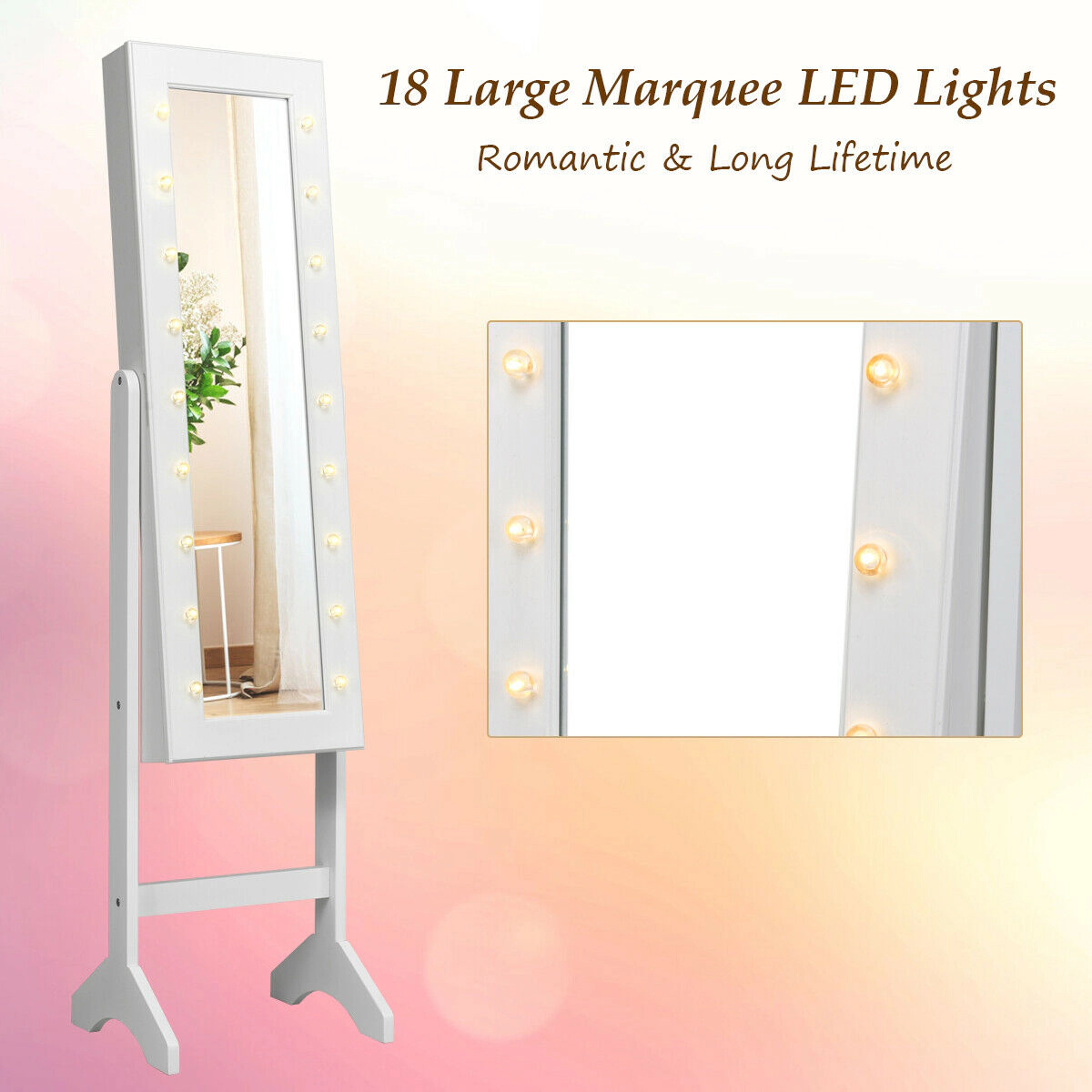 SUGIFT 57 in Mirrored Jewelry Armoire White Organizer Cabinet with 18 Marquee LED Lights