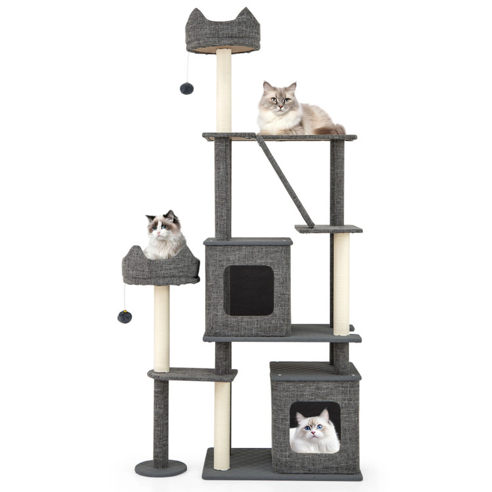 SUGIFT Gray 71 in Tall Multi-Level Cat Tower with 2 Condos and Side Cat Bed