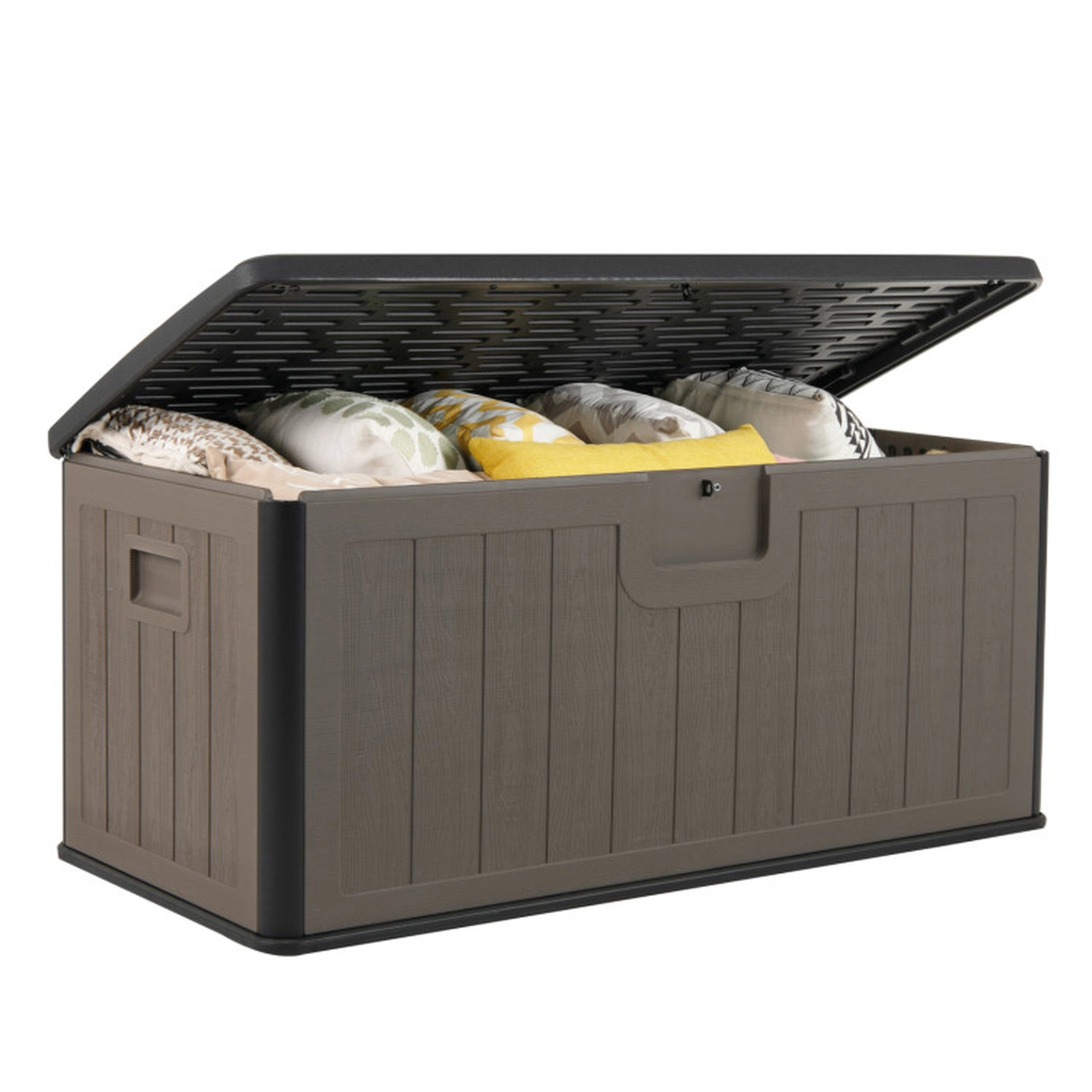 SUGIFT 100 Gallon HDPE Deck Storage Box with Lockable Lid 440-lb Bench Capacity 51-in Wide Patio Bench Black and Brown