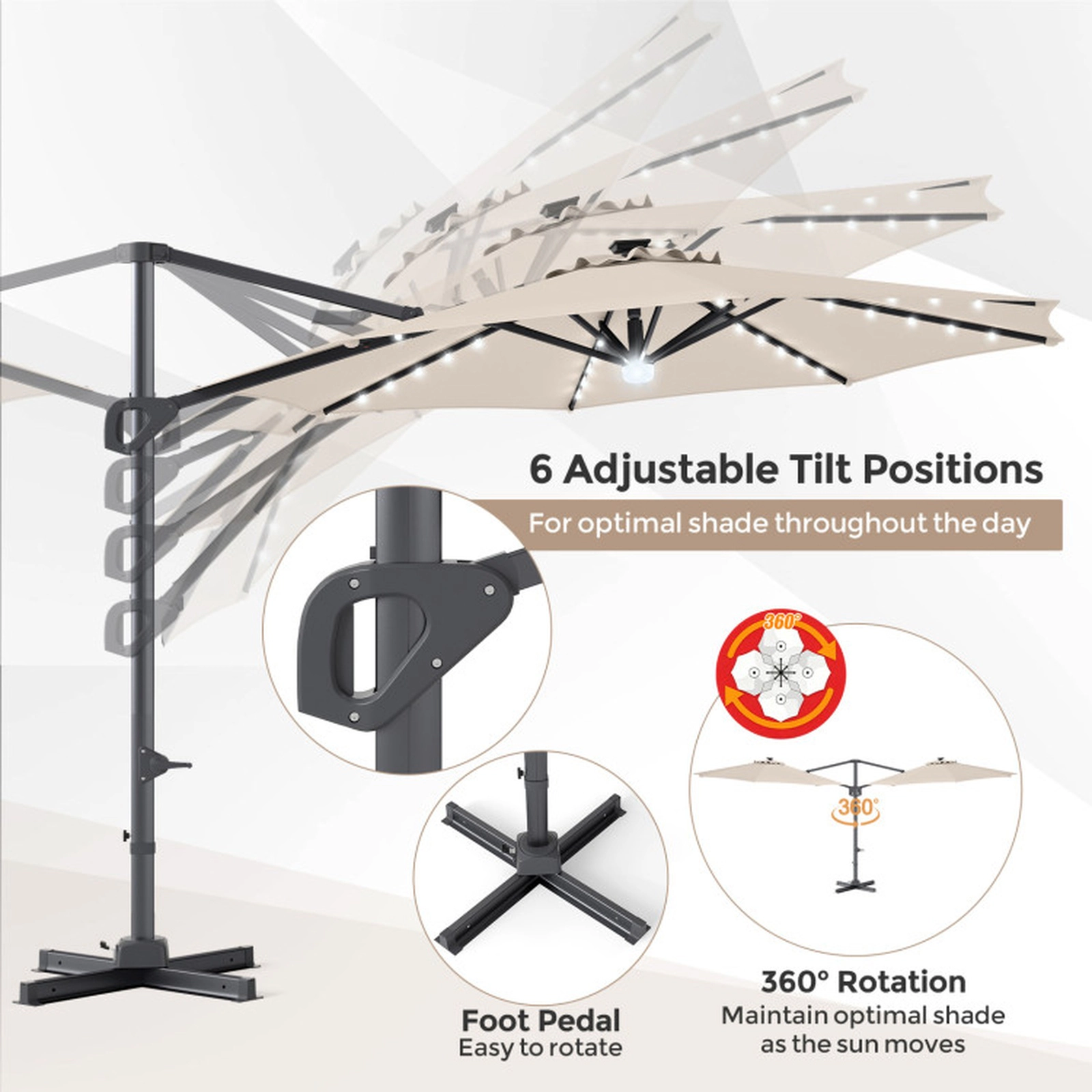 SUGIFT 35 Solar LED Lights and 220 LB Base 10 FT Square Cantilever Patio Umbrella