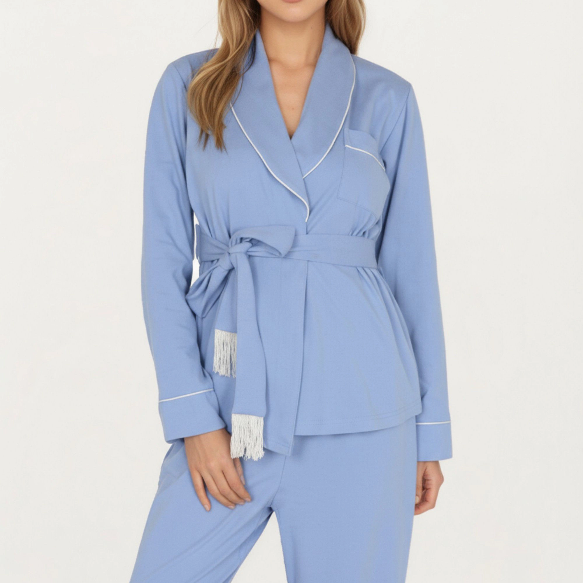 Anna-Kaci Women's 2-Piece Belted Wrap Top and Relaxed Fit Pants Pajama Set with Shawl Collar Soft Fabric
