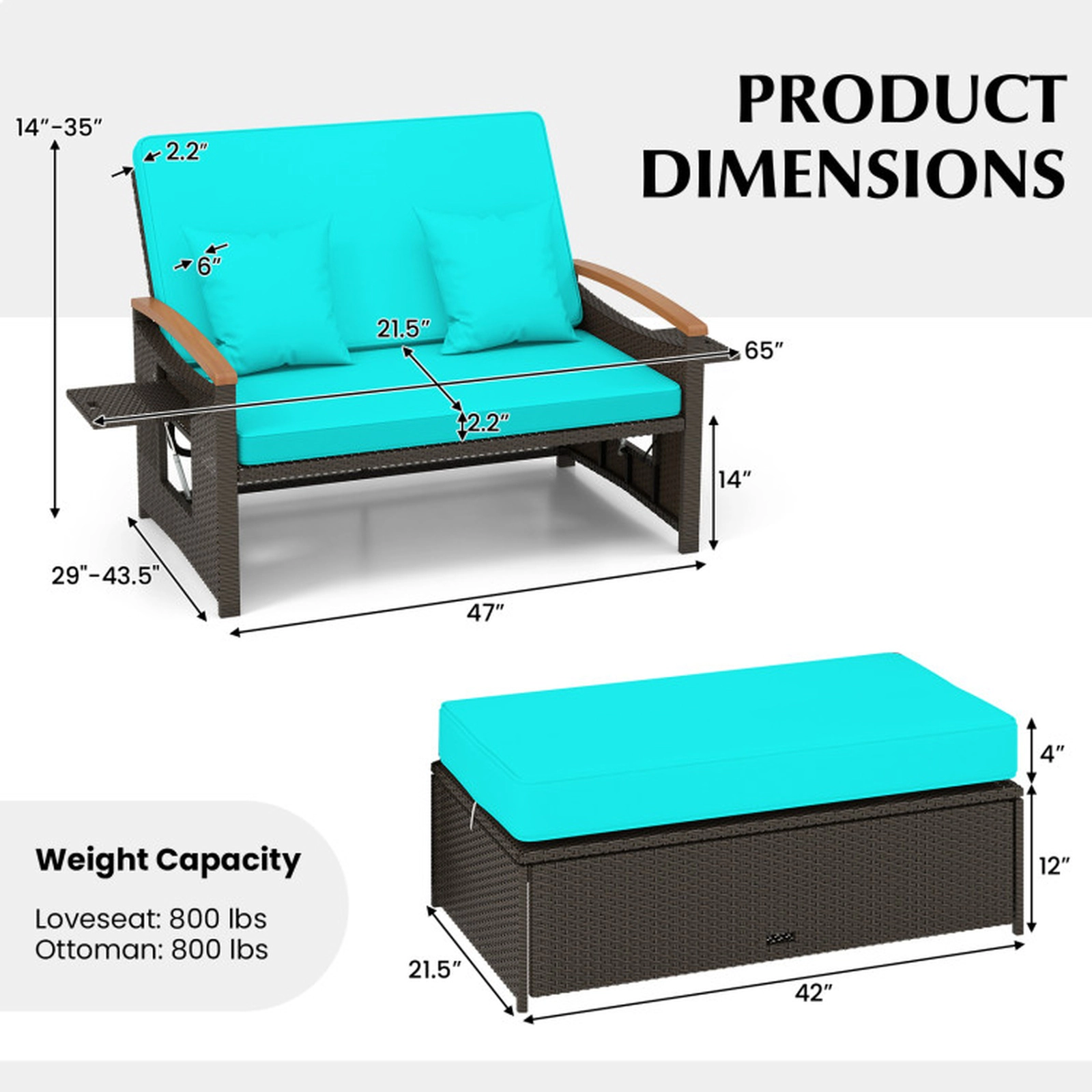 SUGIFT Green PE Rattan Outdoor Daybed Loveseat with Ottoman, 4-Level Backrest, 800-lb Capacity