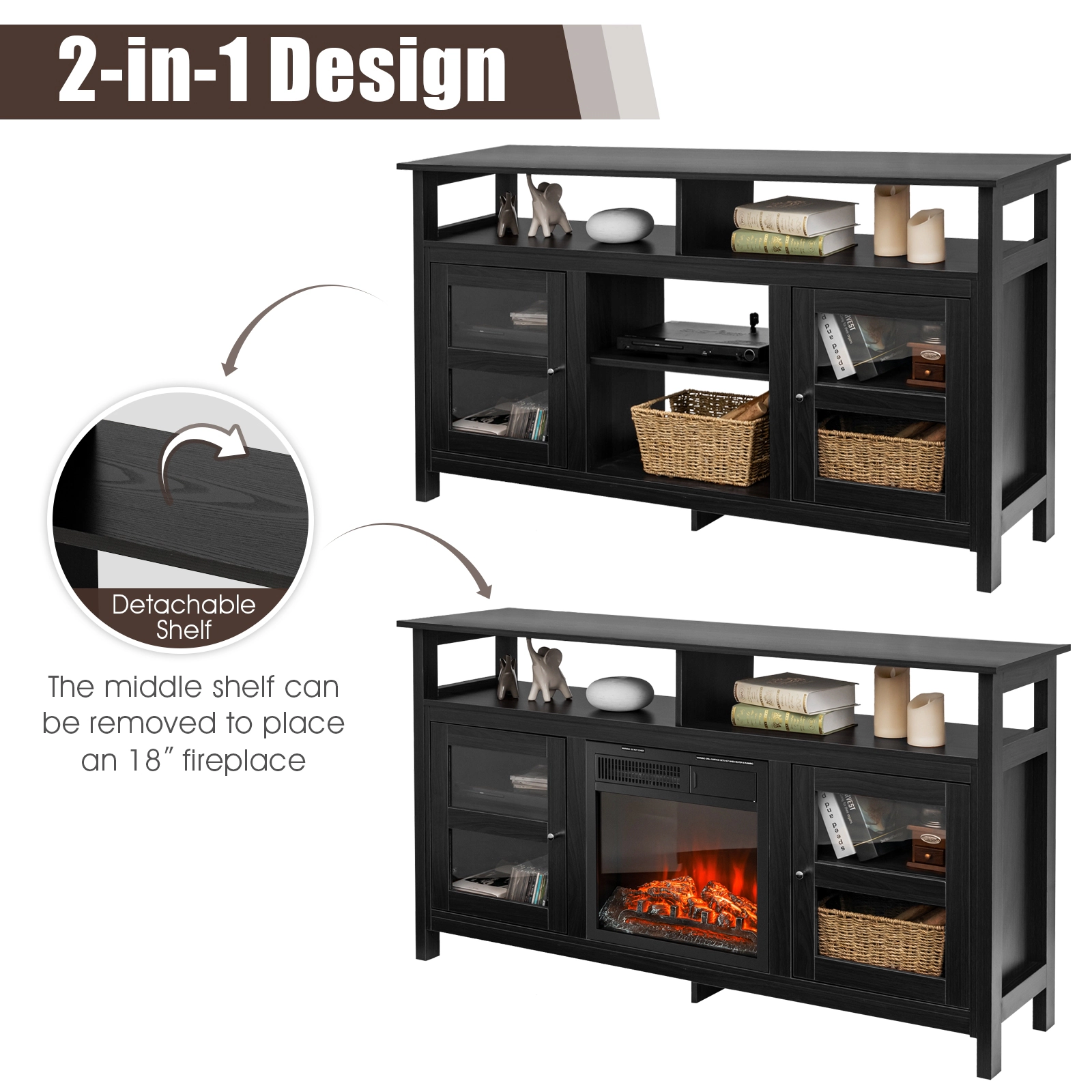 SUGIFT 58-in TV Stand Entertainment Console Center with 2 Cabinets 40-lb Tabletop Capacity Black