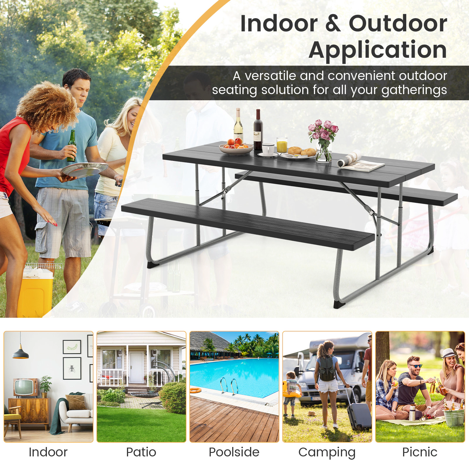 SUGIFT 6-Ft Black Fold-Flat HDPE Picnic Table and Bench Set with Umbrella Hole