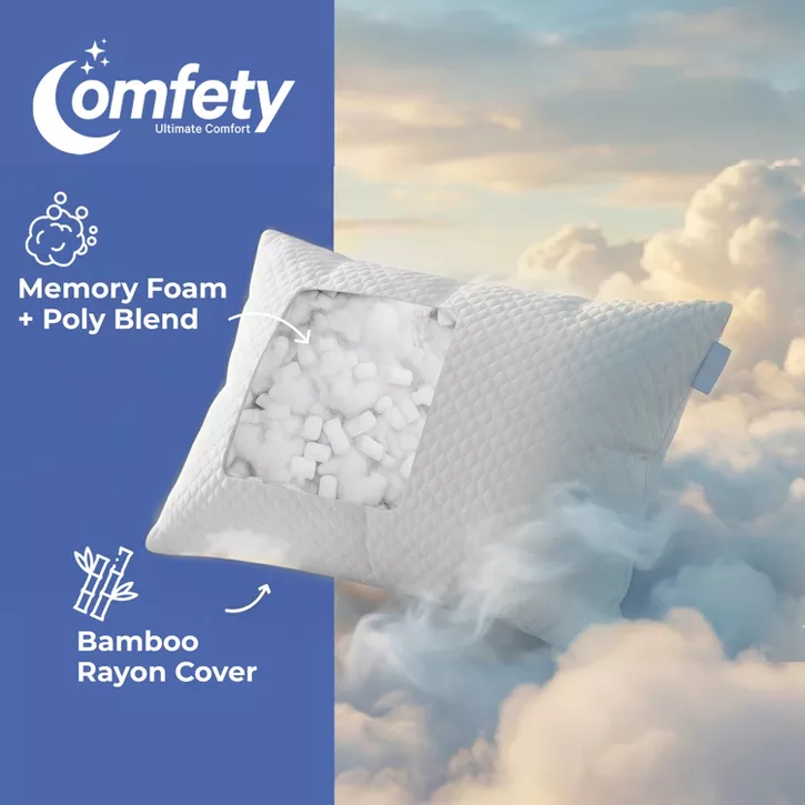 Comfety Memory Foam Pillow, Adjustable Firm Pillow w/ Shredded Memory Foam Fill, Supportive Pillows w/ Washable Cover