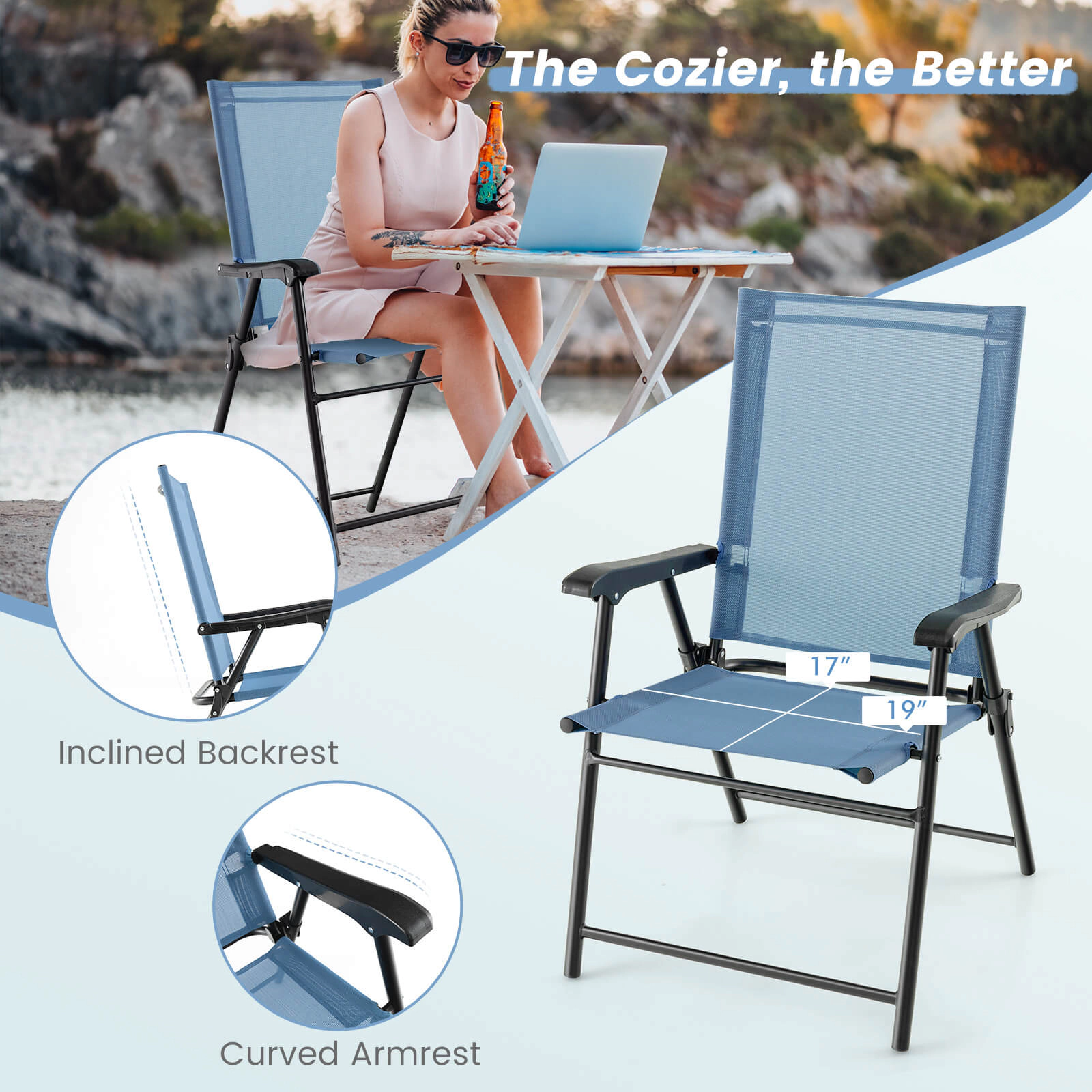 SUGIFT Blue Folding Curved Armrests and Metal Frame Set of 2 Patio Dining Chairs