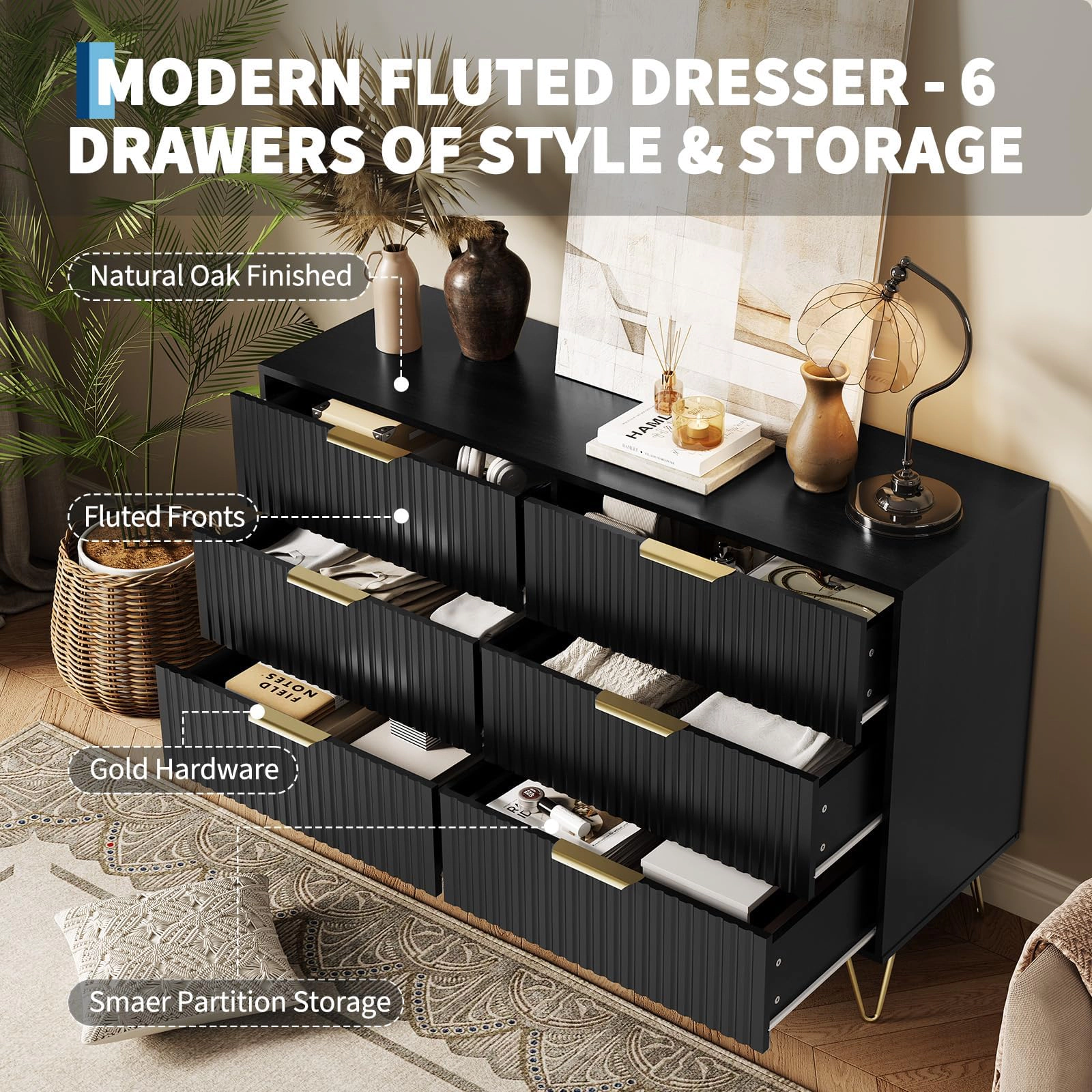 47" Wide Fluted 6 Drawer Dresser with Metal Handles, Modern Wood Storage Chest