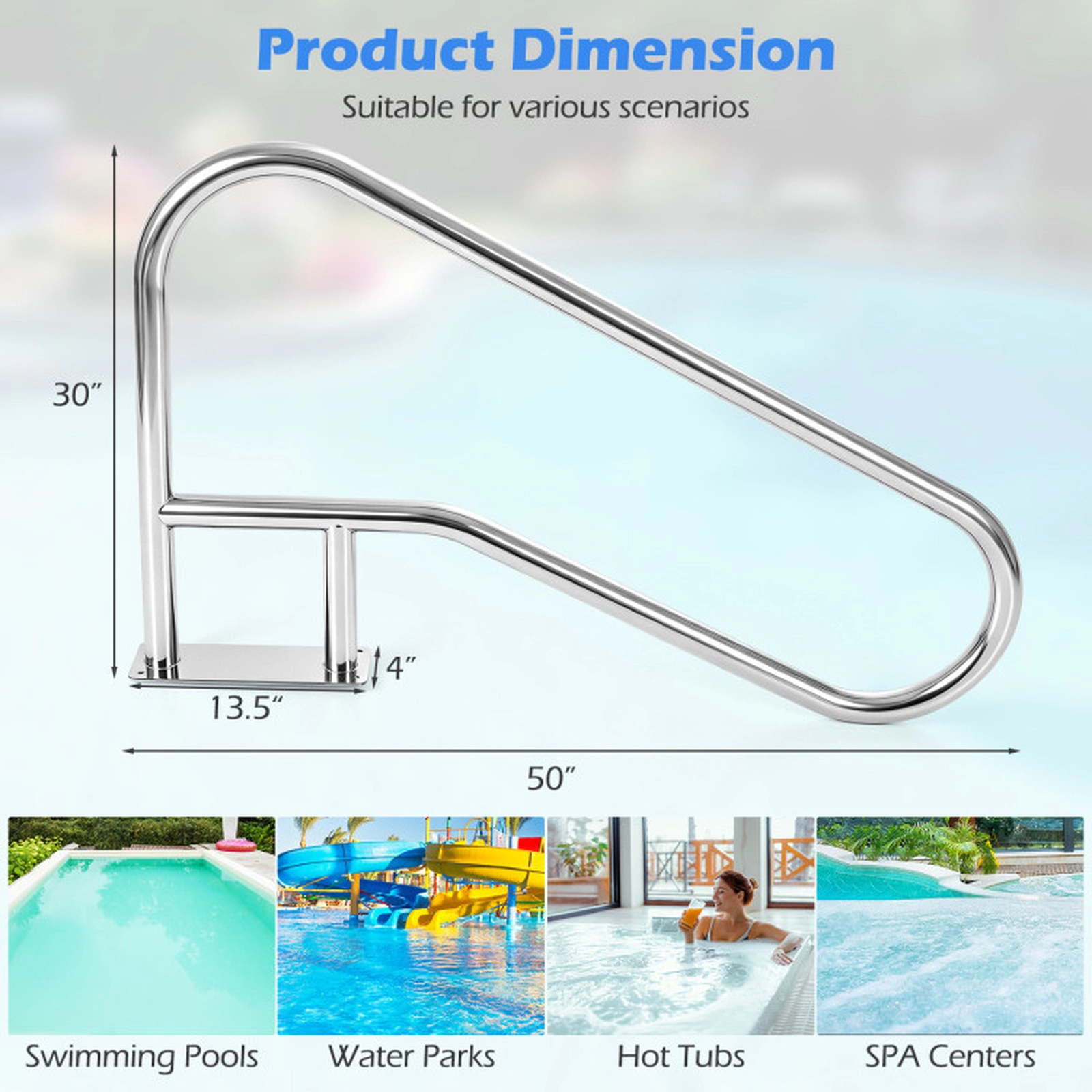 SUGIFT Curved Pool Handrail with Mount Base Plate for Swimming Pools and Hot Tubs Silver