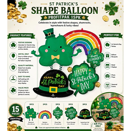 LoonBalloon St. Patrick's Day 15-Pack Shape Balloon Assortment - 18 in ...