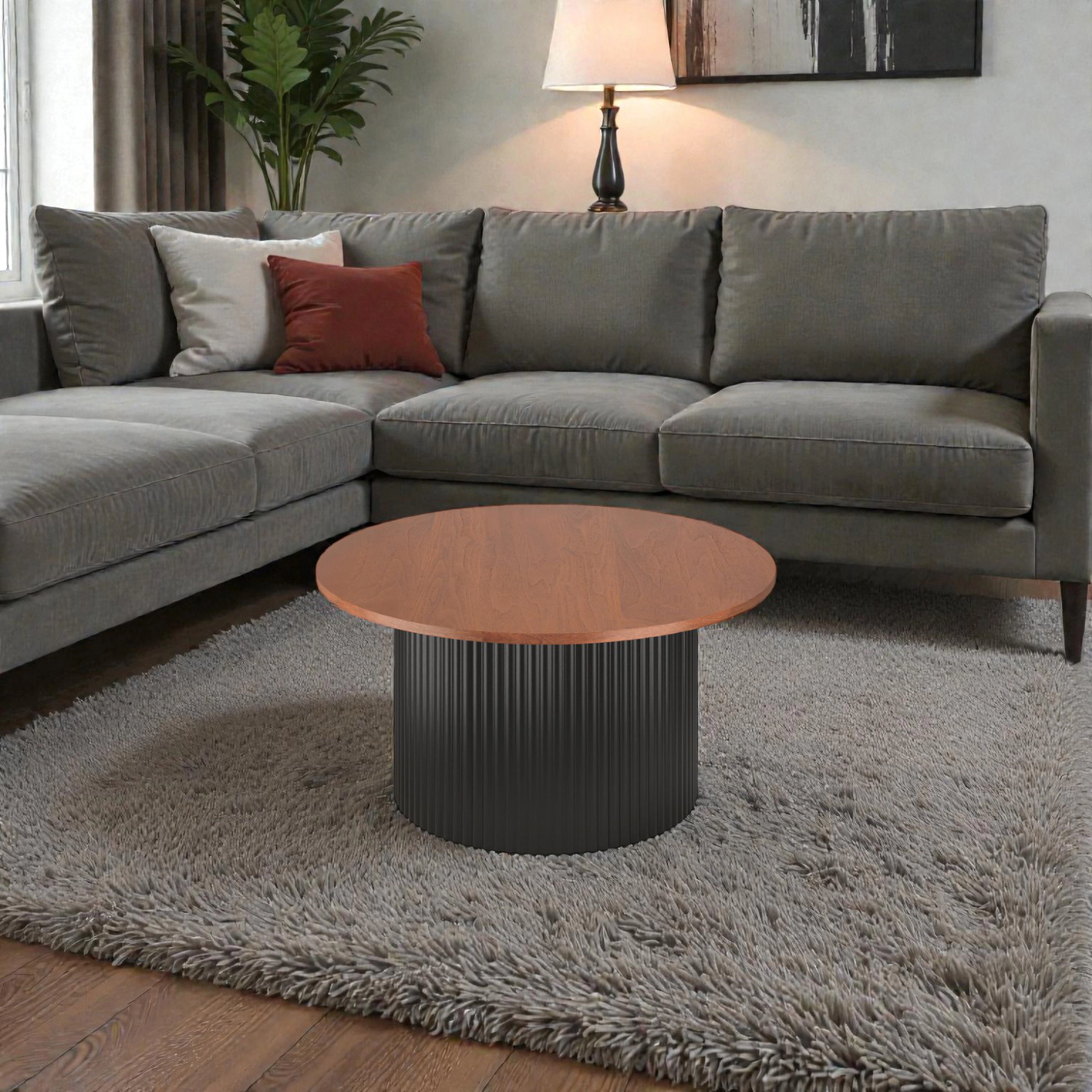 Hivvago Contemporary Round Coffee Table with Robust Wooden Frame and Surface
