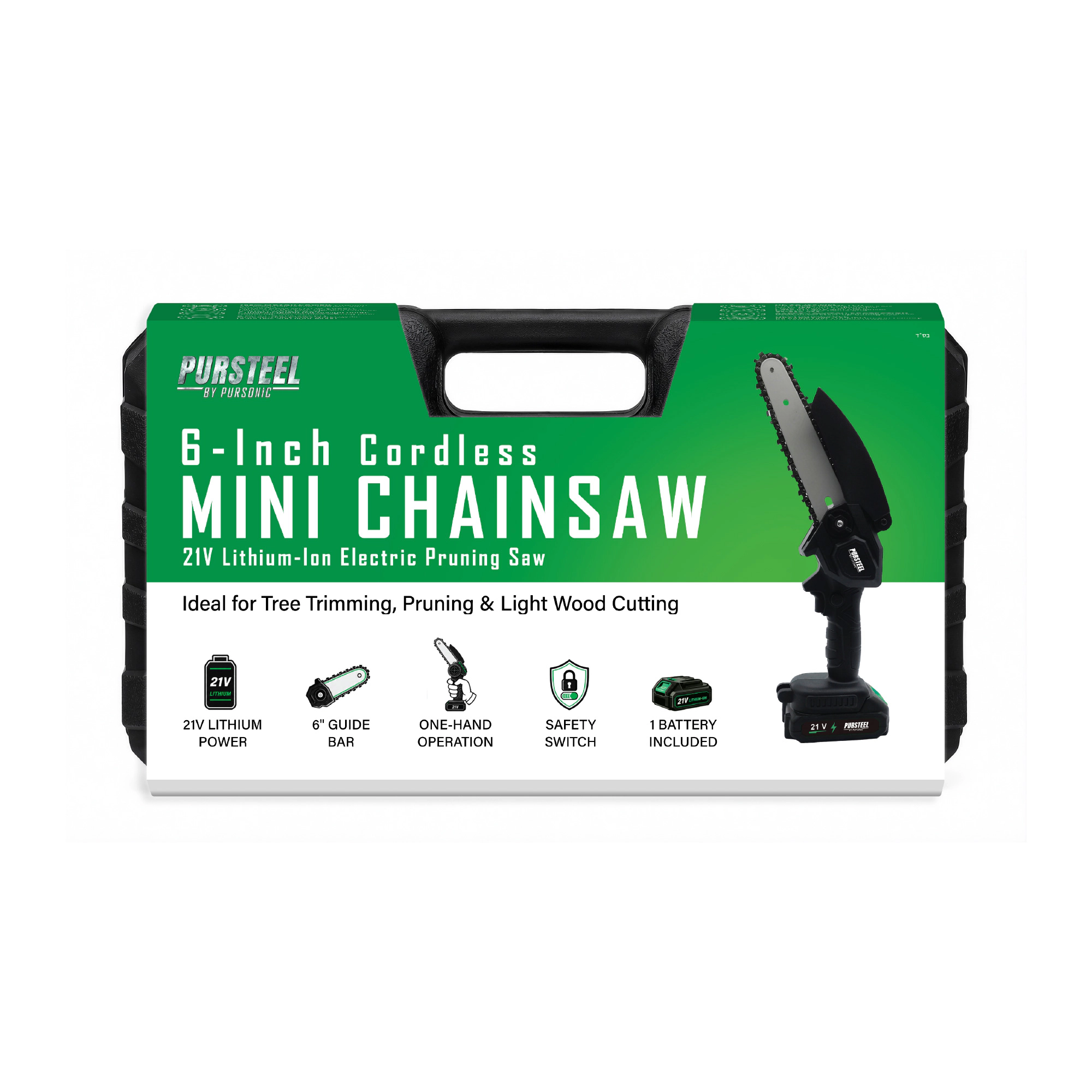 Pursonic Unisex Cordless 21V Mini Chainsaw – 6-Inch Battery Powered Handheld Pruning Saw