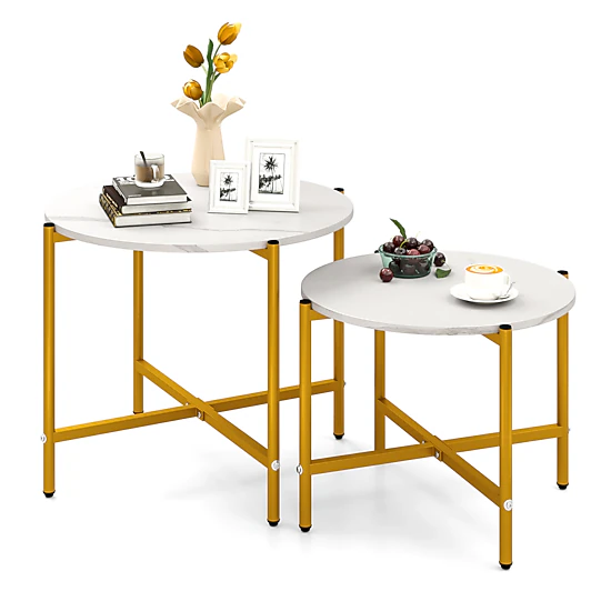 Glintex 2-Piece Round Nesting Coffee Table Set with X-Shaped Metal Frames