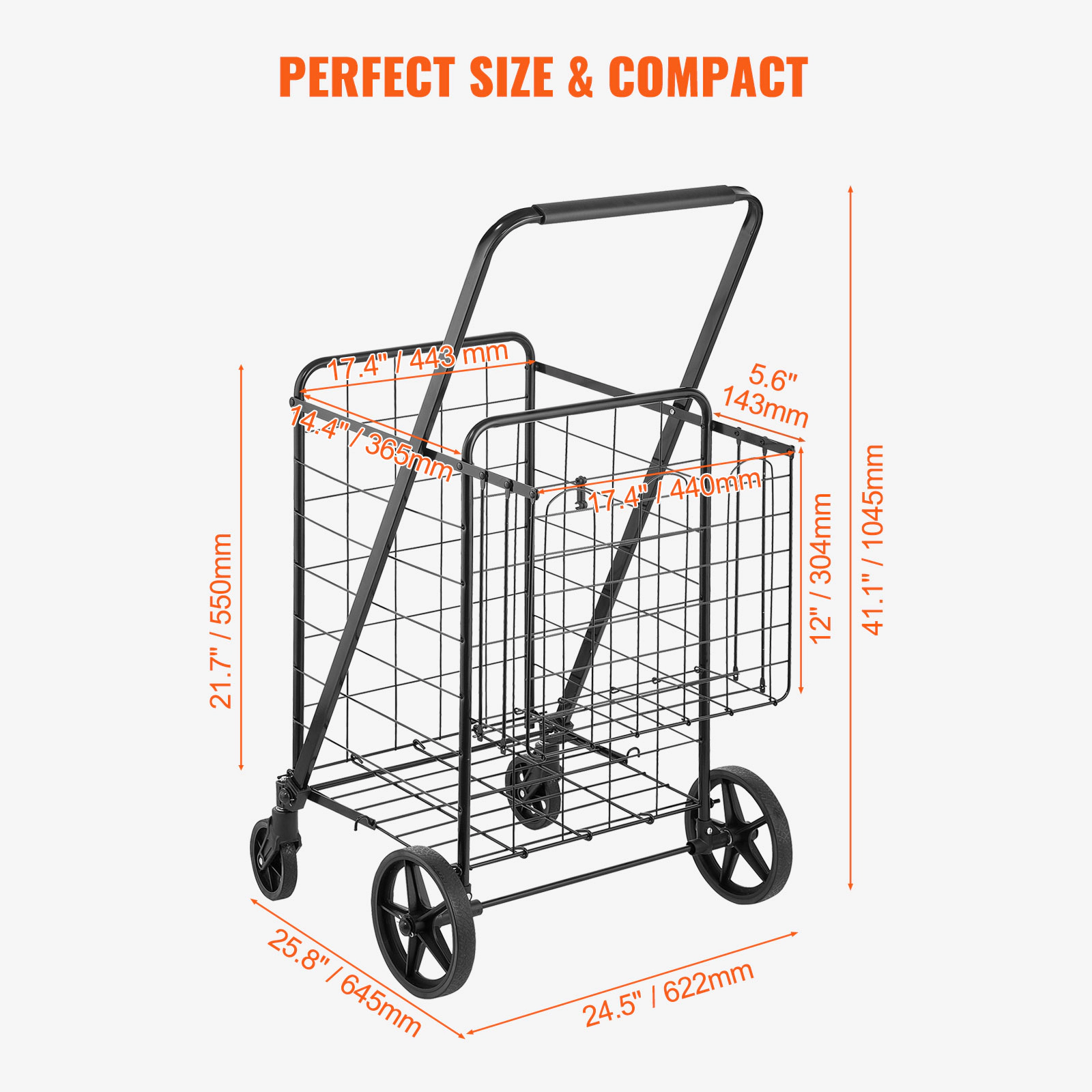 HONGGE Folding Utility Cart with Dual Baskets, 360° Swivel Wheels, 110 Lbs Capacity Rolling Laundry & Grocery Hamper