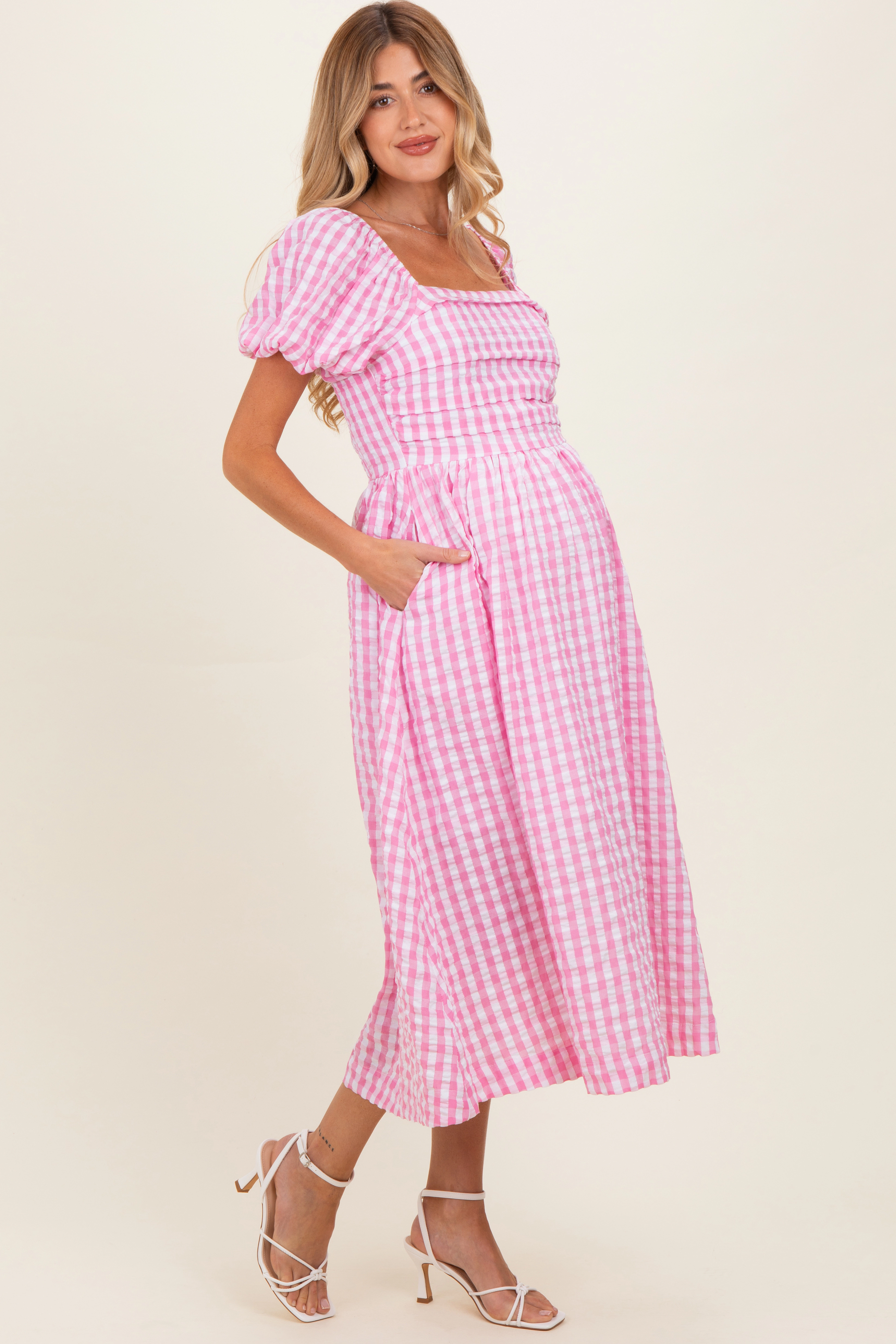 PinkBlush Womens Pink Gingham Puff Sleeve Maternity Midi Dress