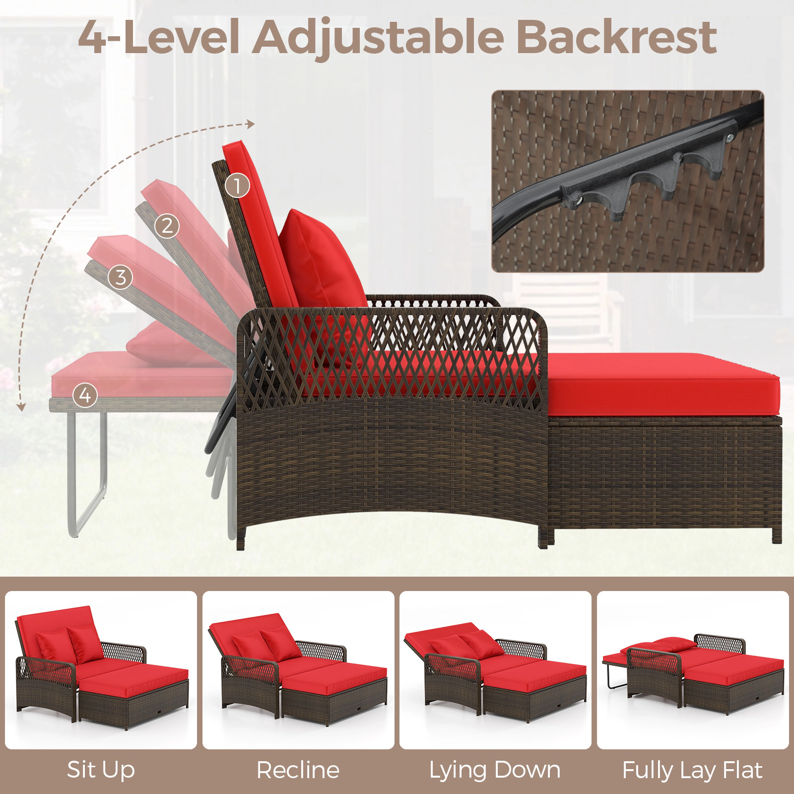 SUGIFT 2-Piece Wicker Patio Daybed with 4-Level Backrest and Storage Ottoman 48.5-in W 800-lb Seat Capacity Red