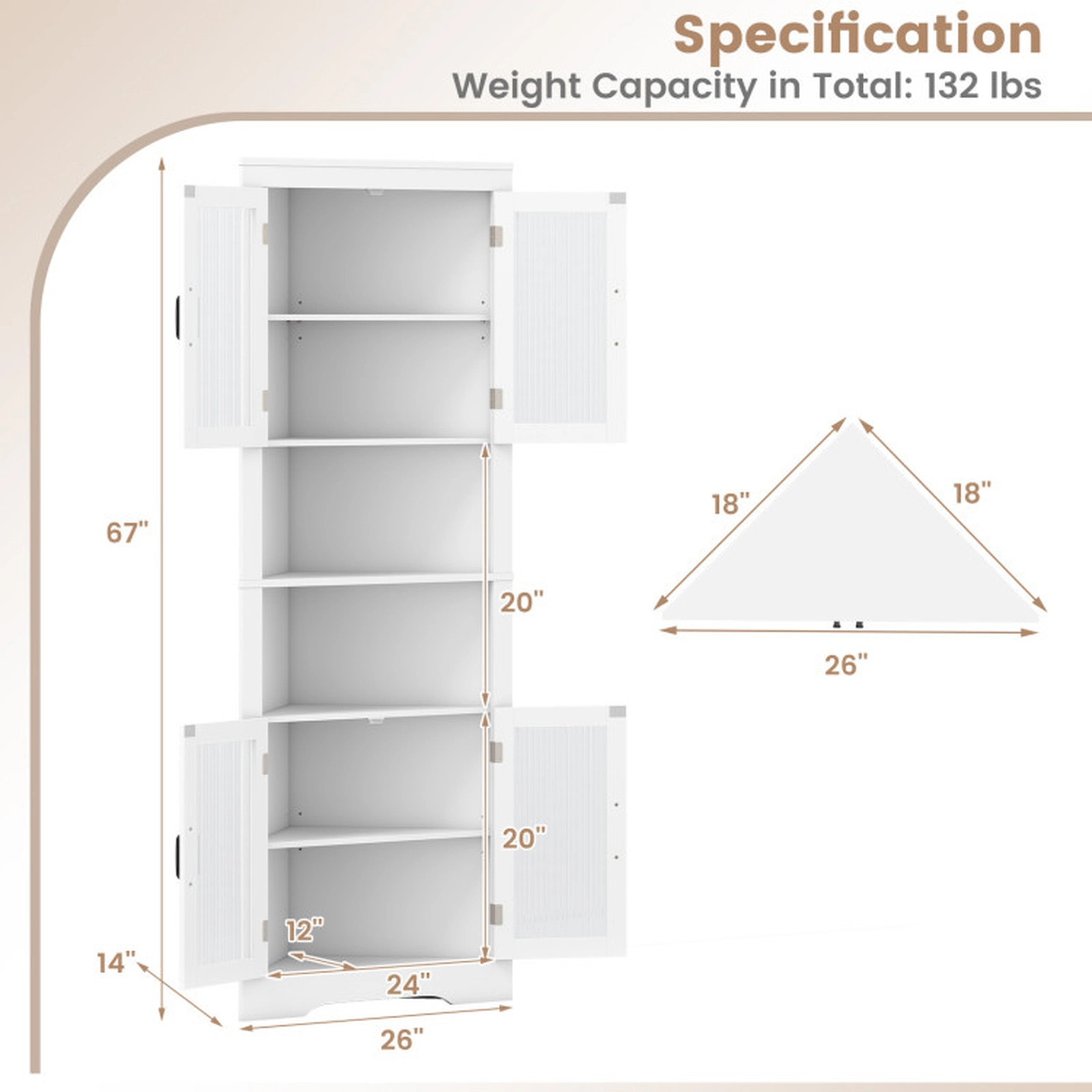 SUGIFT 67-in Tall Corner Buffet Cabinet with Tempered Glass Doors 132-lb Capacity White