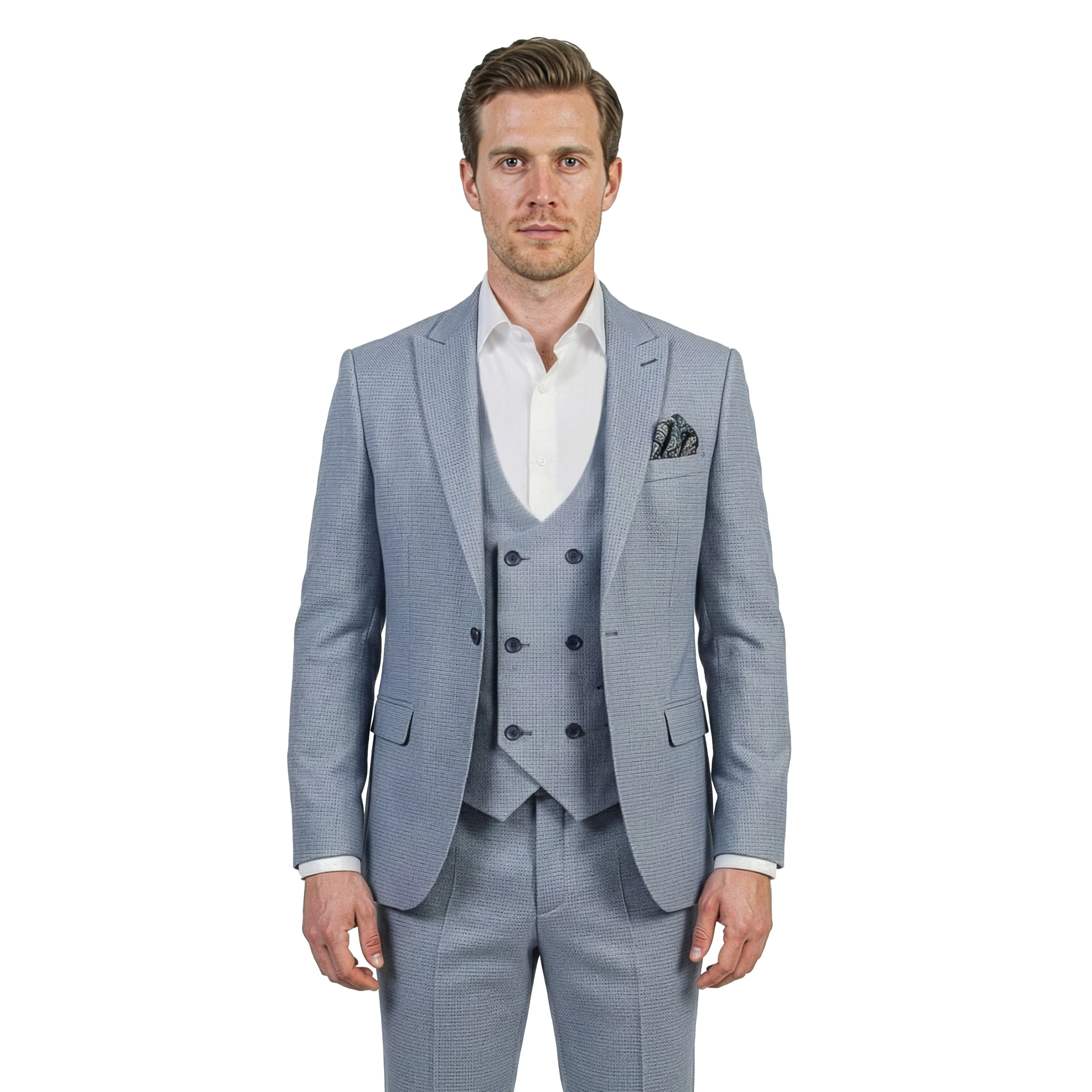 Tazzio Men’s Skinny Fit Double Breasted Vest 3pc Birdseye Suit Set
