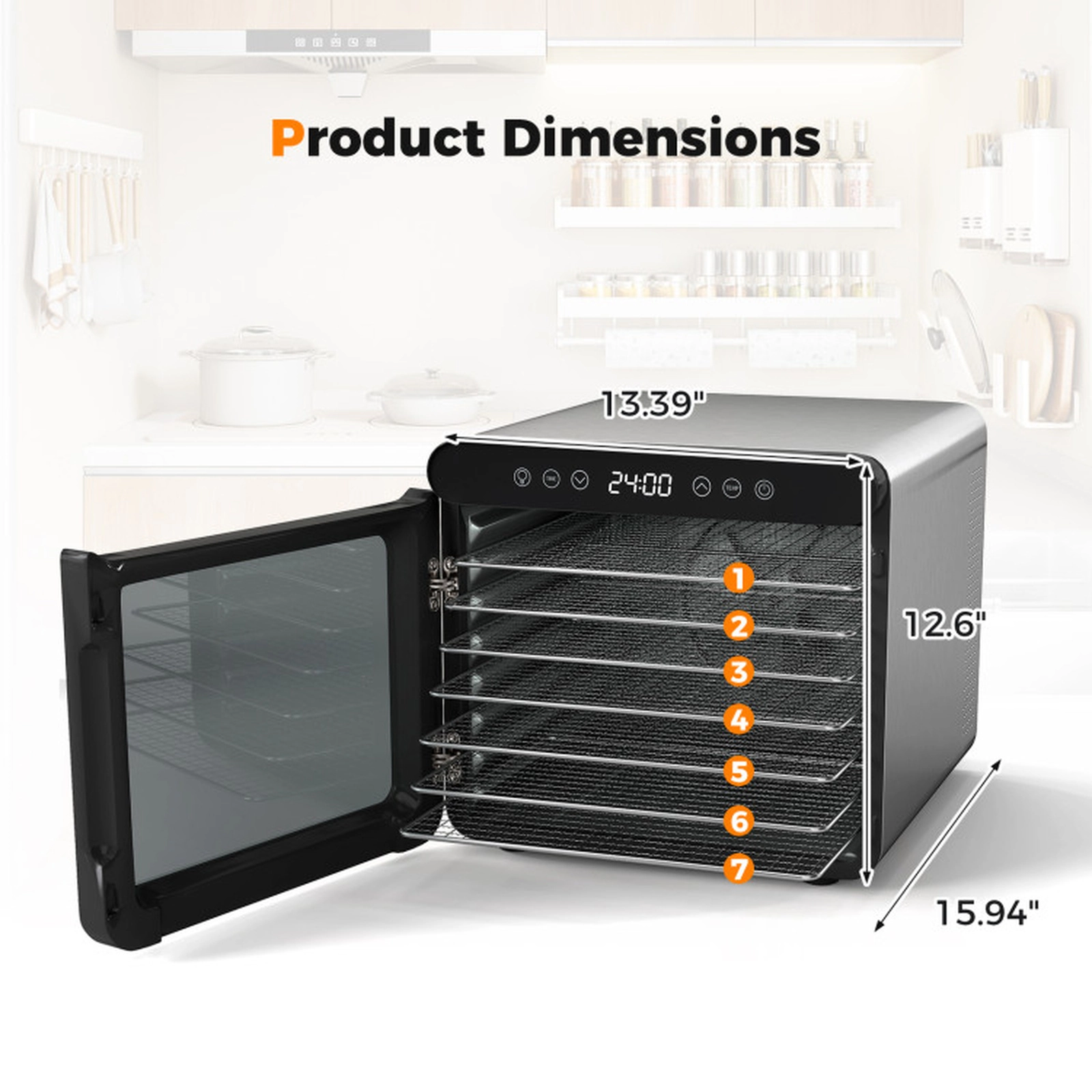 SUGIFT Silver 600W 7-Tray Stainless Steel Food Dehydrator with 1-24H Timer and Digital LED Display