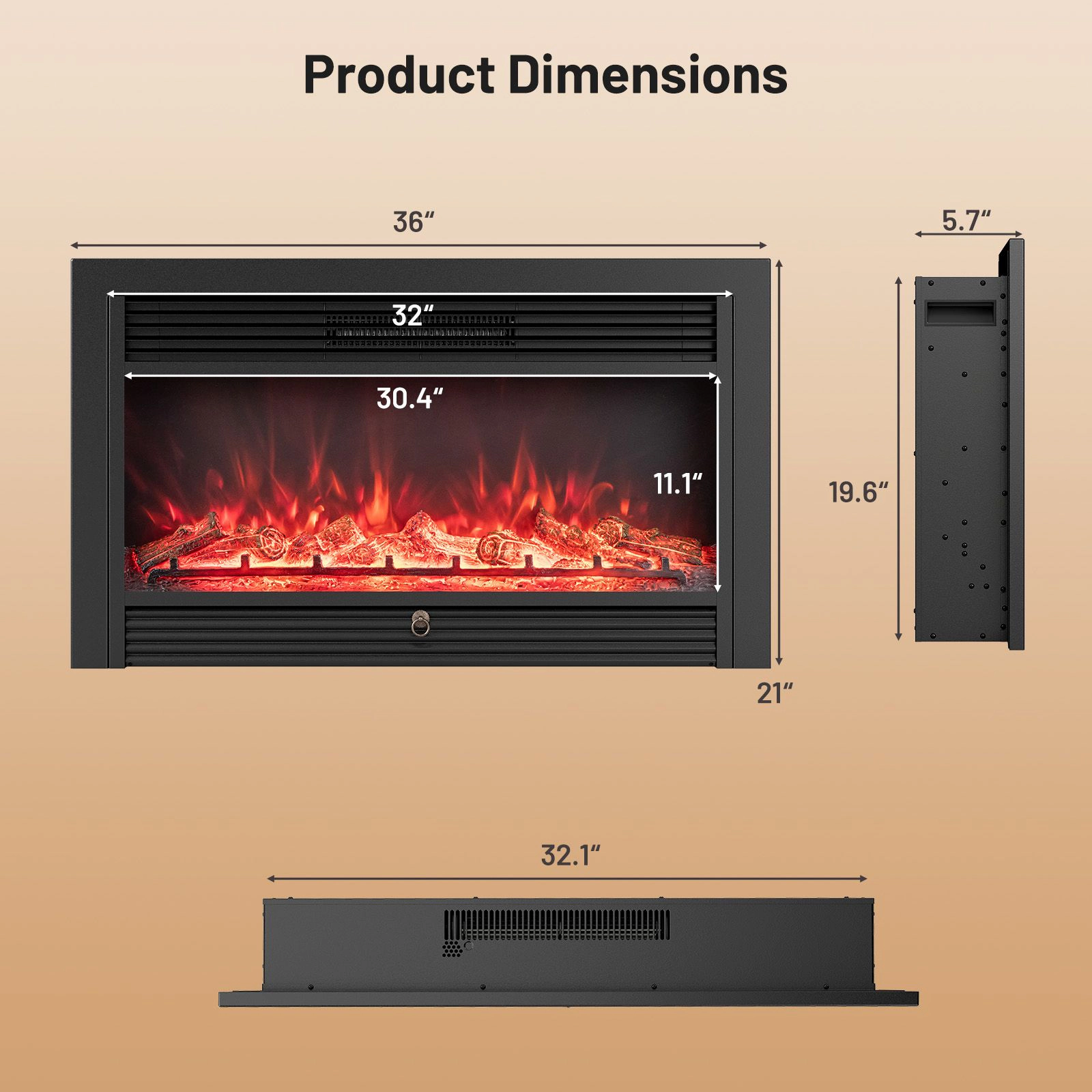 SlickBlue 33/36 Inch Electric Fireplace Insert, 1500W Heater, 5000 BTU, Remote Control, Recessed
