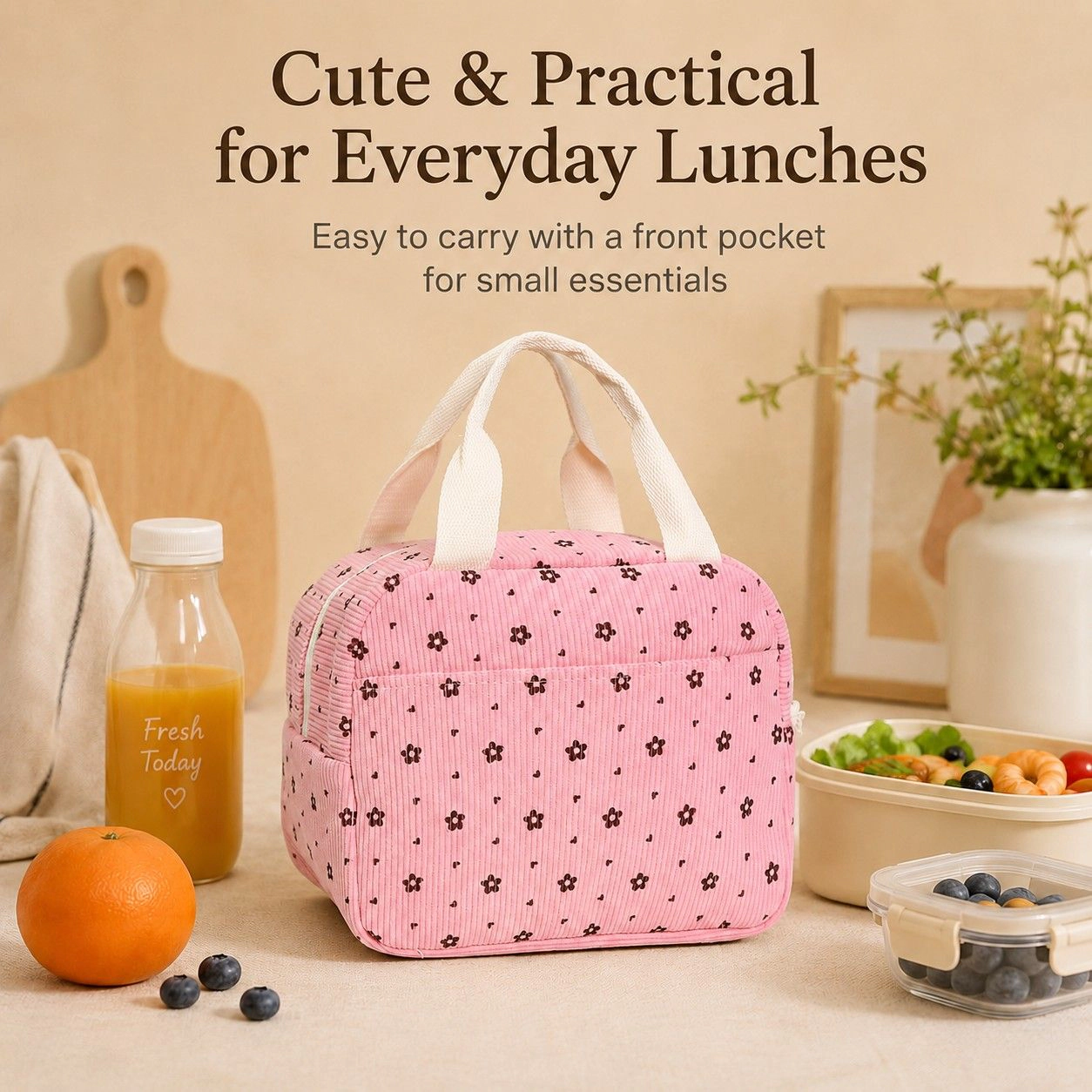 Alilang Women's Floral Corduroy Insulated Lunch Tote Bag with Front Pocket and Zip Closure, Ivory Strawberry
