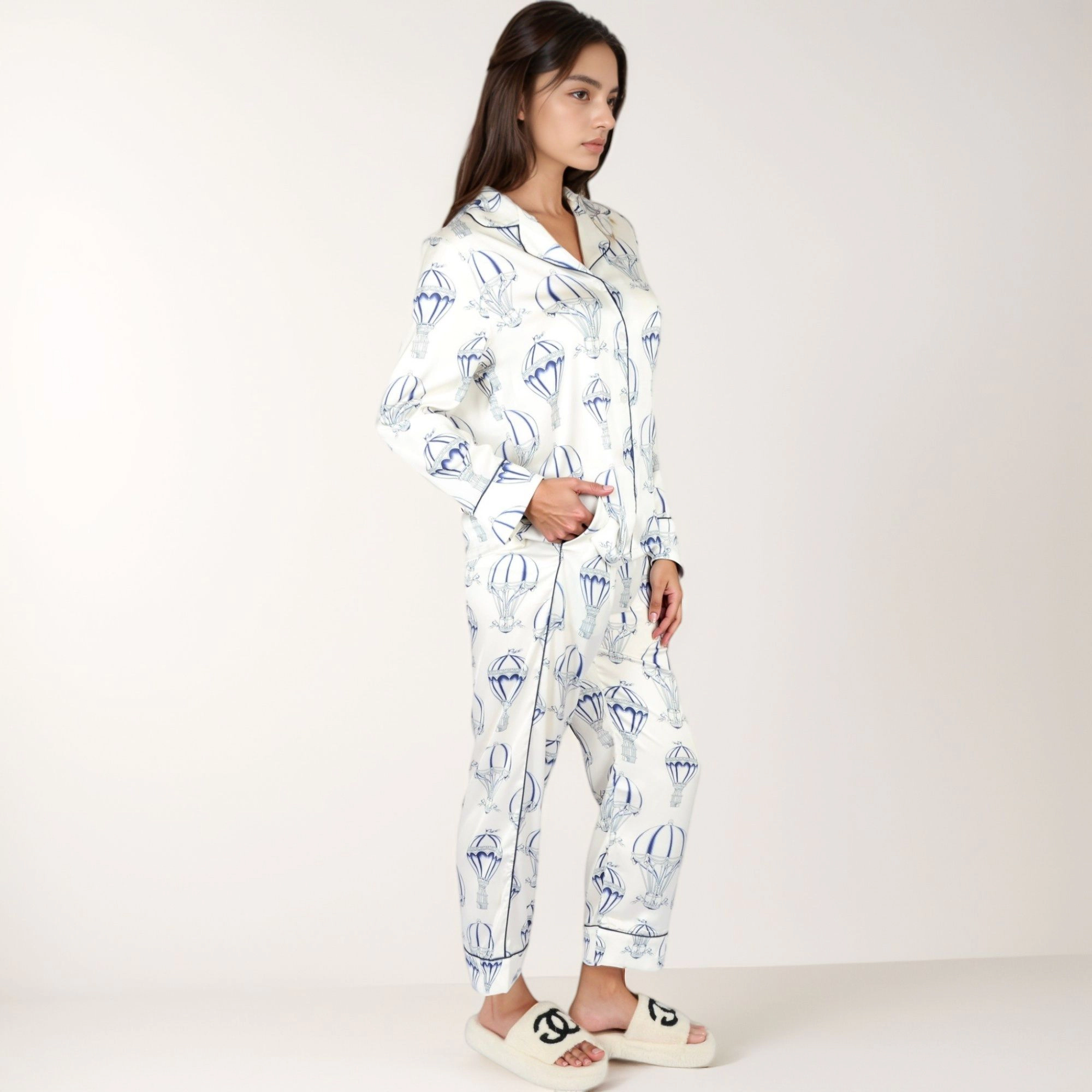 Anna-Kaci Women's Hot Air Balloon Print Pajama Set with Long Sleeve Button Down Top and Cropped Pants