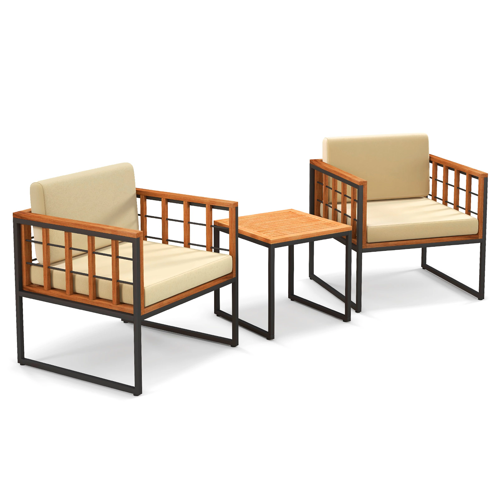 SUGIFT Beige Metal Frame and Soft Cushions 3-Piece Acacia Wood Patio Chair Set