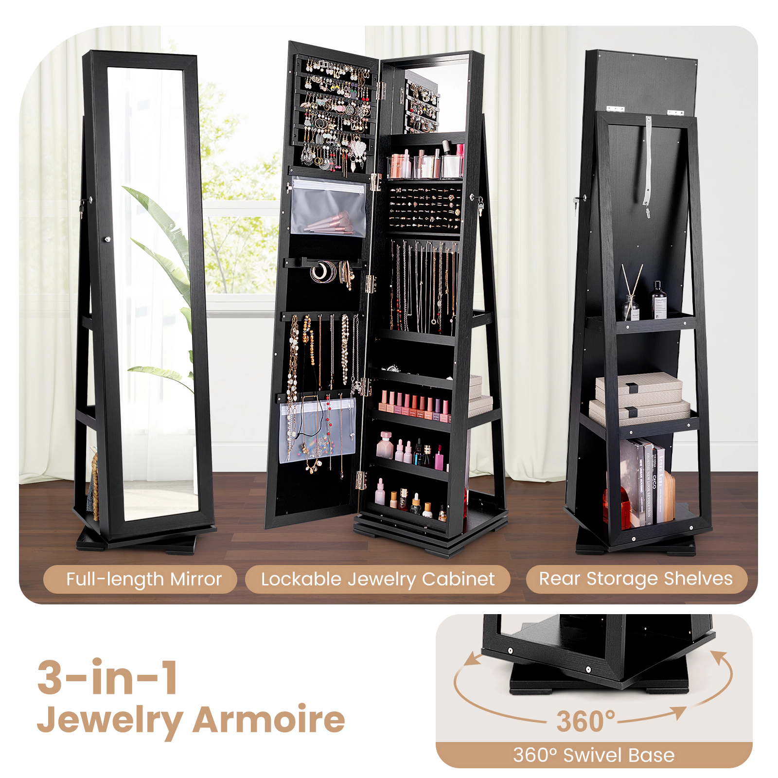 SUGIFT 63.5-in Black 360-Degree Swivel Jewelry Cabinet with Full-Length Mirror 100 Earring Slots and Hooks