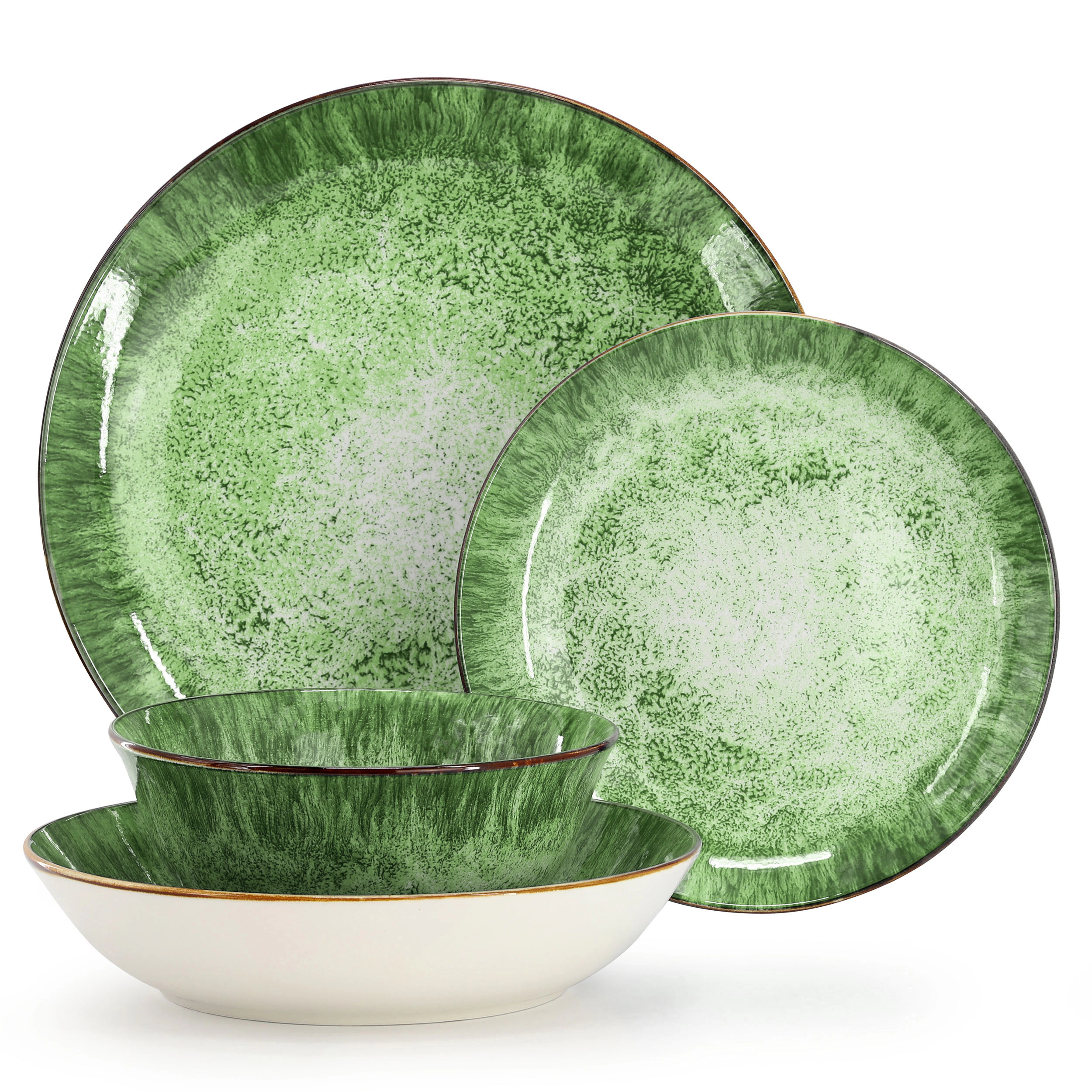 Elama Oceanus 16 Piece Porcelain Double Bowl Dinnerware Set in Green