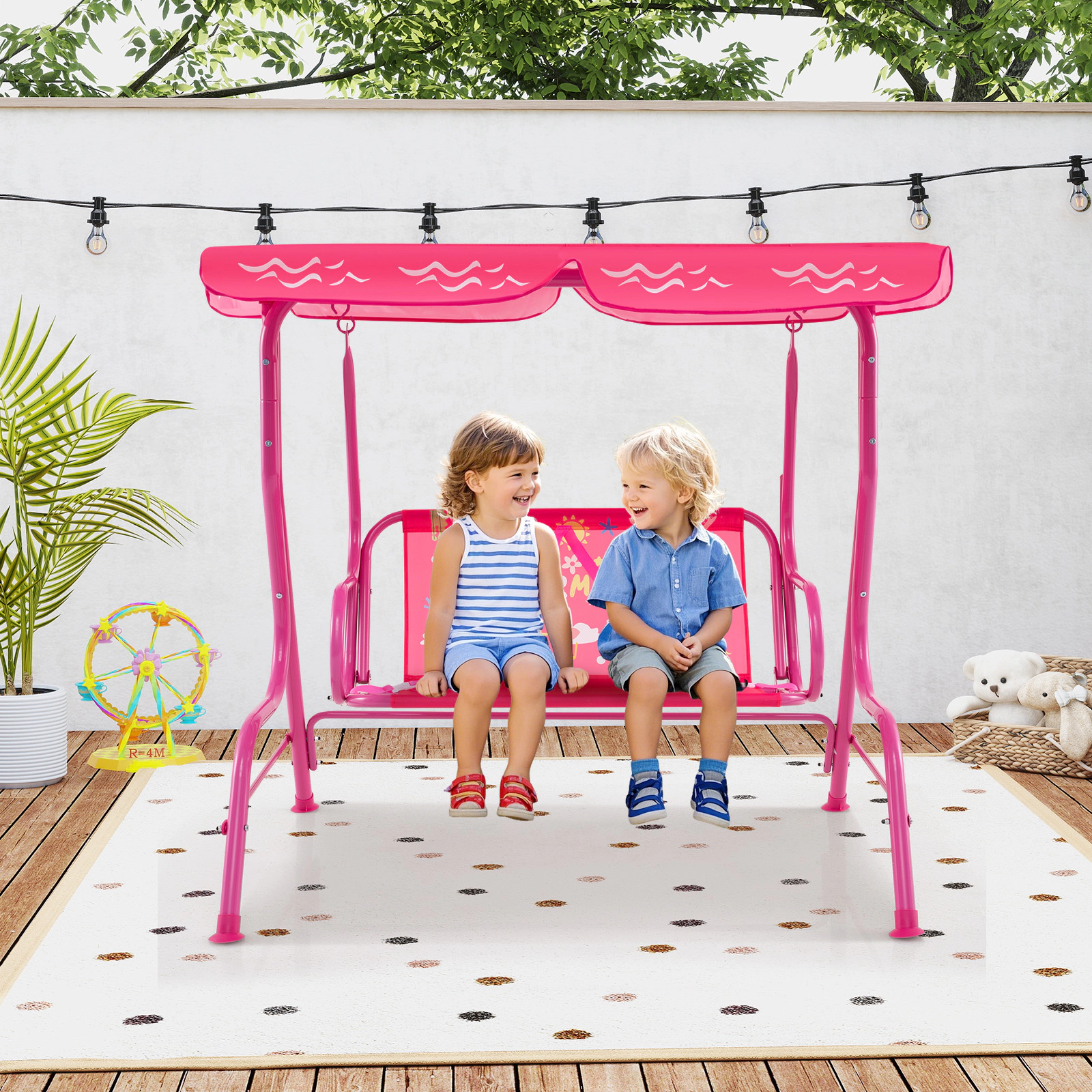 SUGIFT 2-Seat Kids Outdoor Swing with Metal Stand, Adjustable Canopy, Safety Belts, 180-lb Capacity, Pink