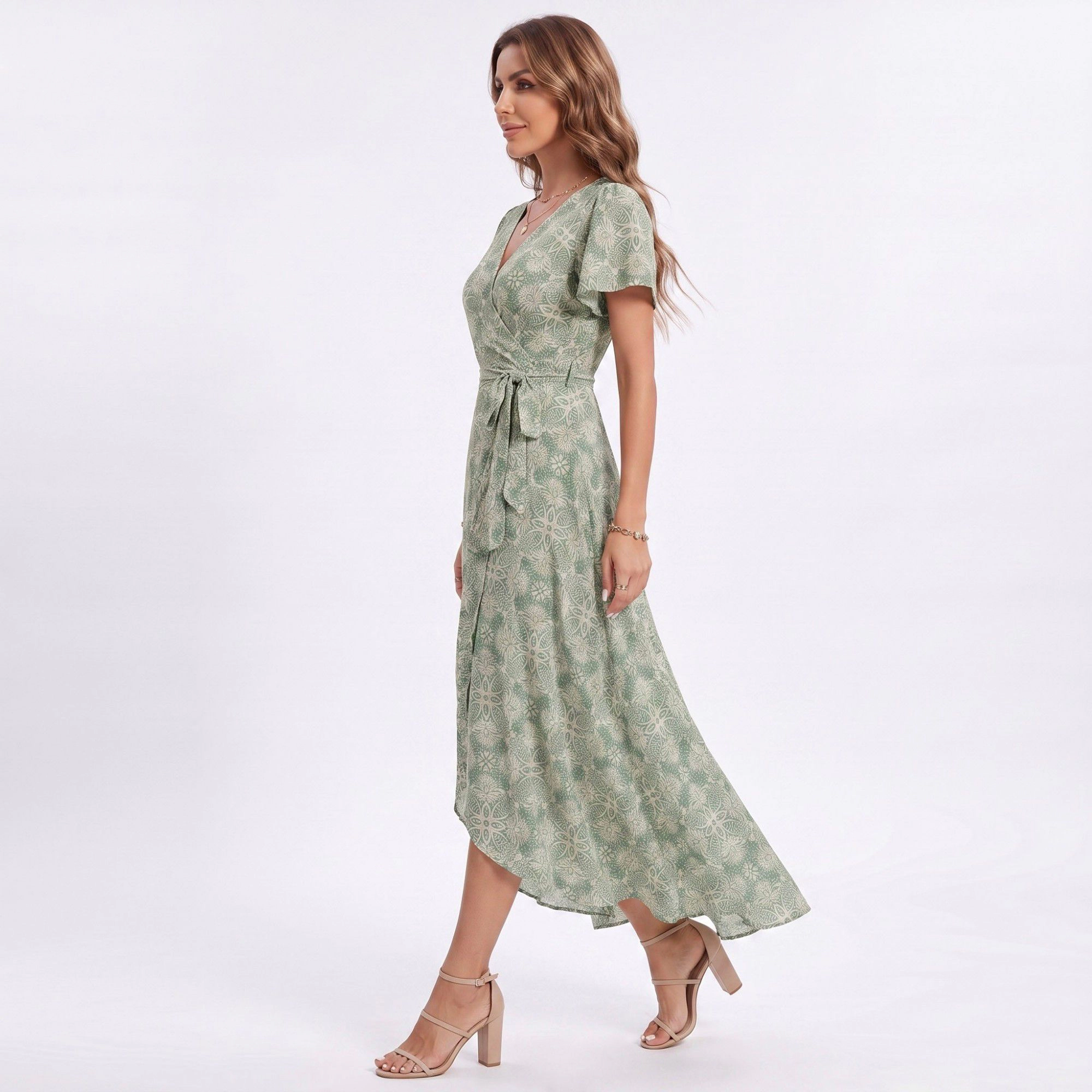 Anna-Kaci Women's Floral Print Wrap V-Neck Short Flutter Sleeves Tie Waist Front Slit Maxi Dress