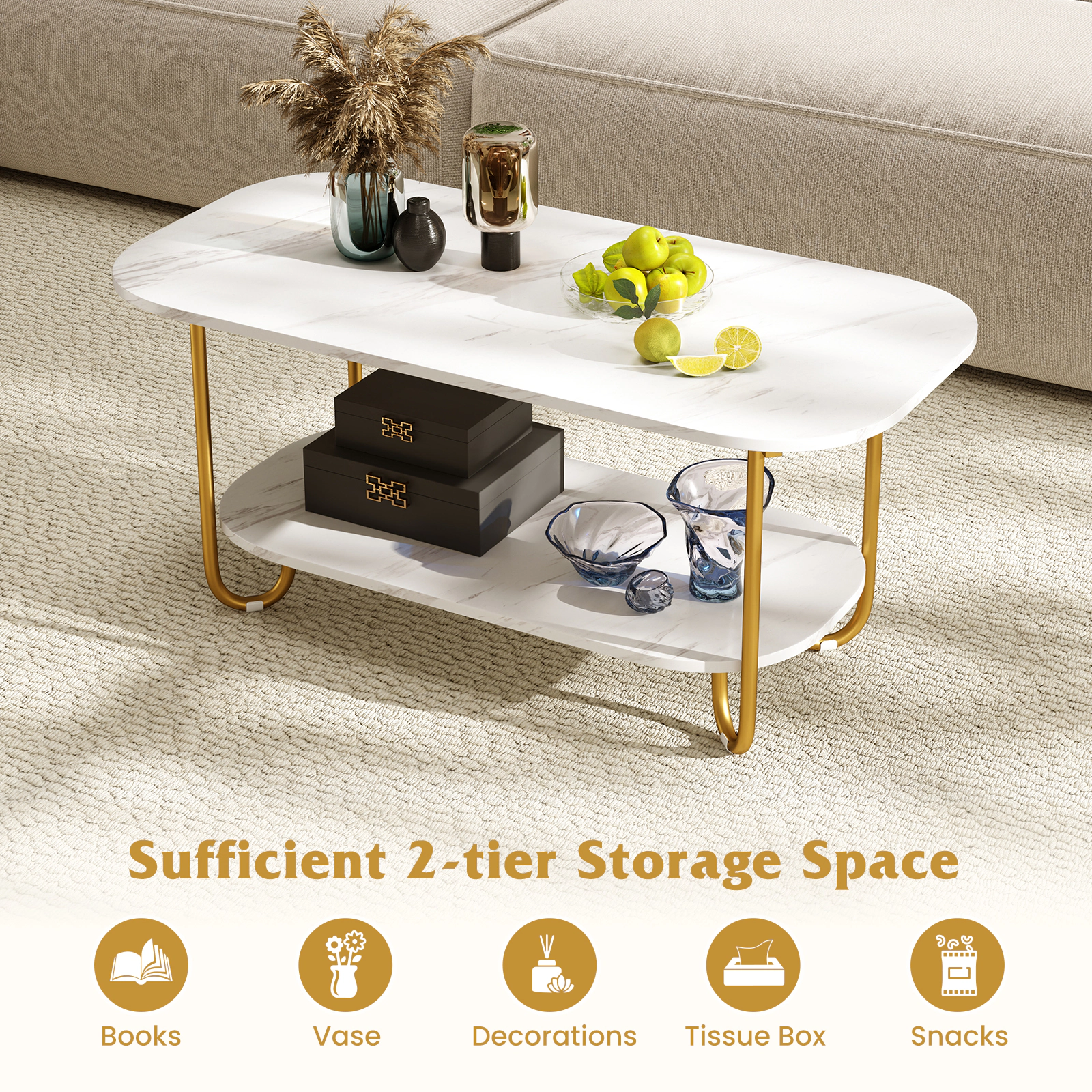 SUGIFT Modern 2-Tier Faux Marble Top Coffee Table 42-in Wide 110-lb Tabletop Capacity 66-lb Shelf Capacity White