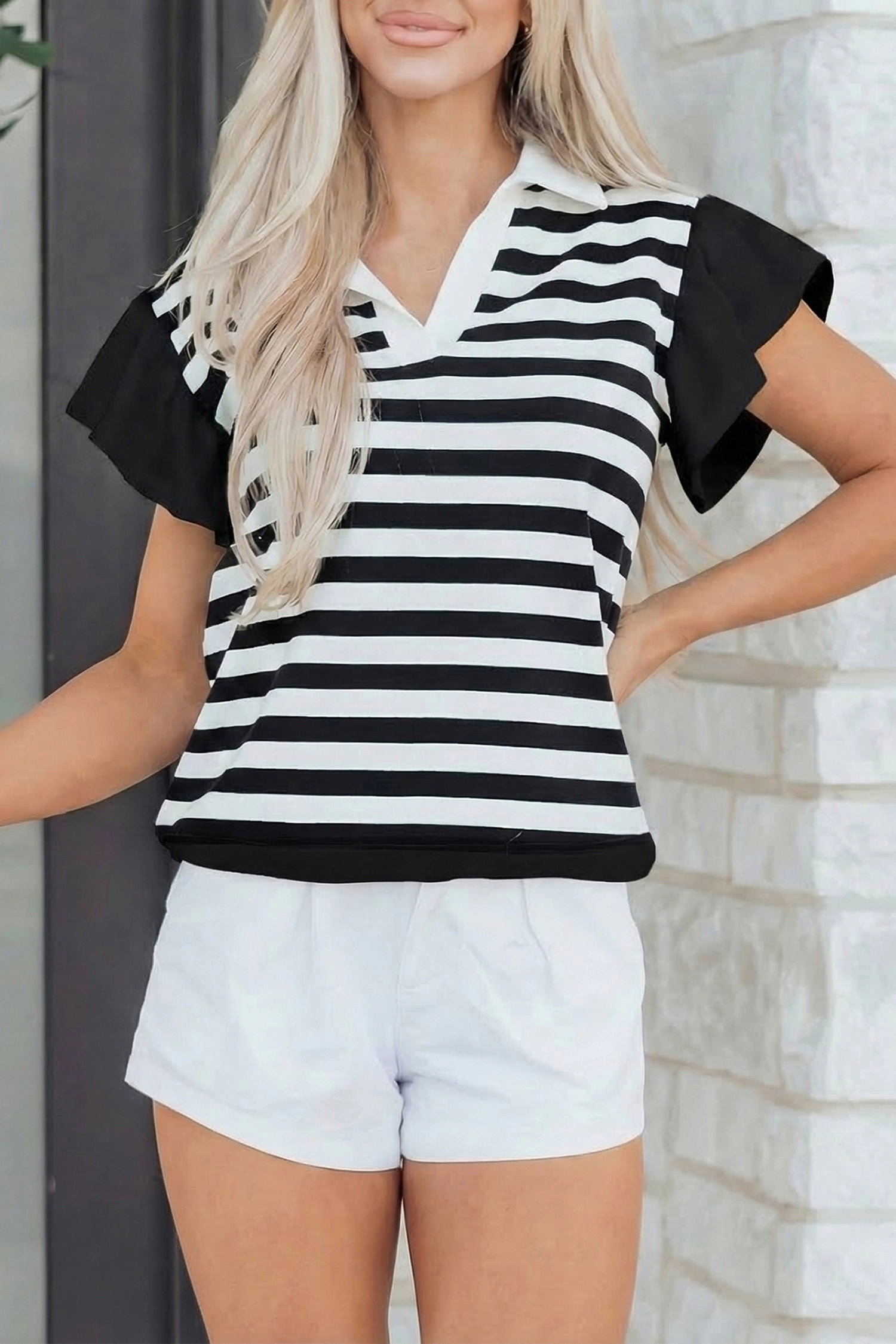 Threaded Pear Lilith Ruffled Short Sleeve Blouse