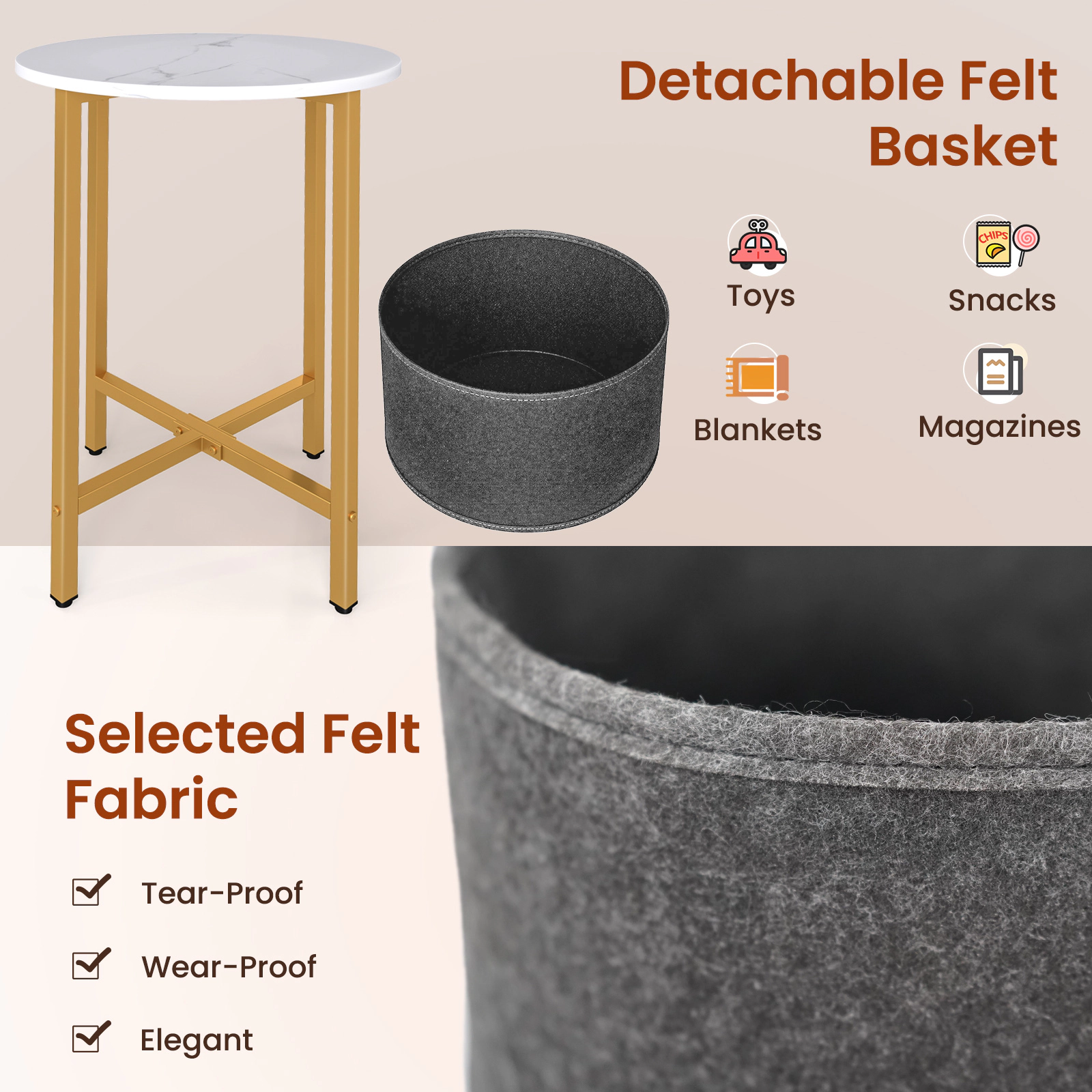 Glintex Round 2-Tier Side Table with Removable Felt Basket and X-Shaped Metal Base, White