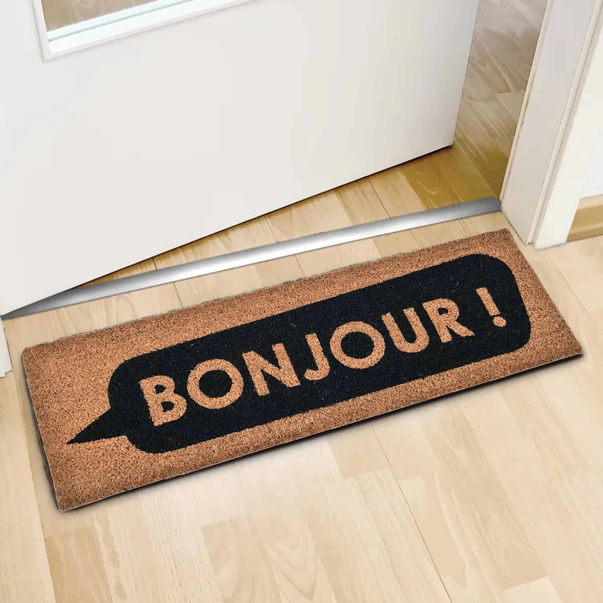 Evideco French Home Goods Natural and Black Bonjour Coir Doormat 30 x 10 Inches