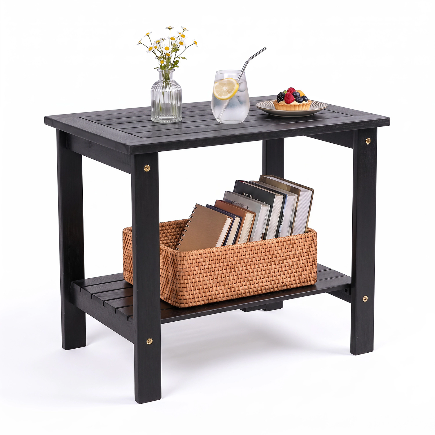 LJG 2-Tier Wood Patio End Table with Slatted Tabletop and Storage Shelf for Backyard