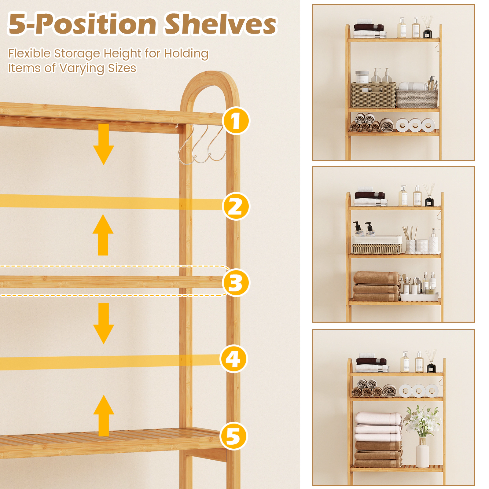 SlickBlue Over the Toilet Storage Rack 3 Tier Wicker Bathroom Shelf with Hooks 65.5 Inch