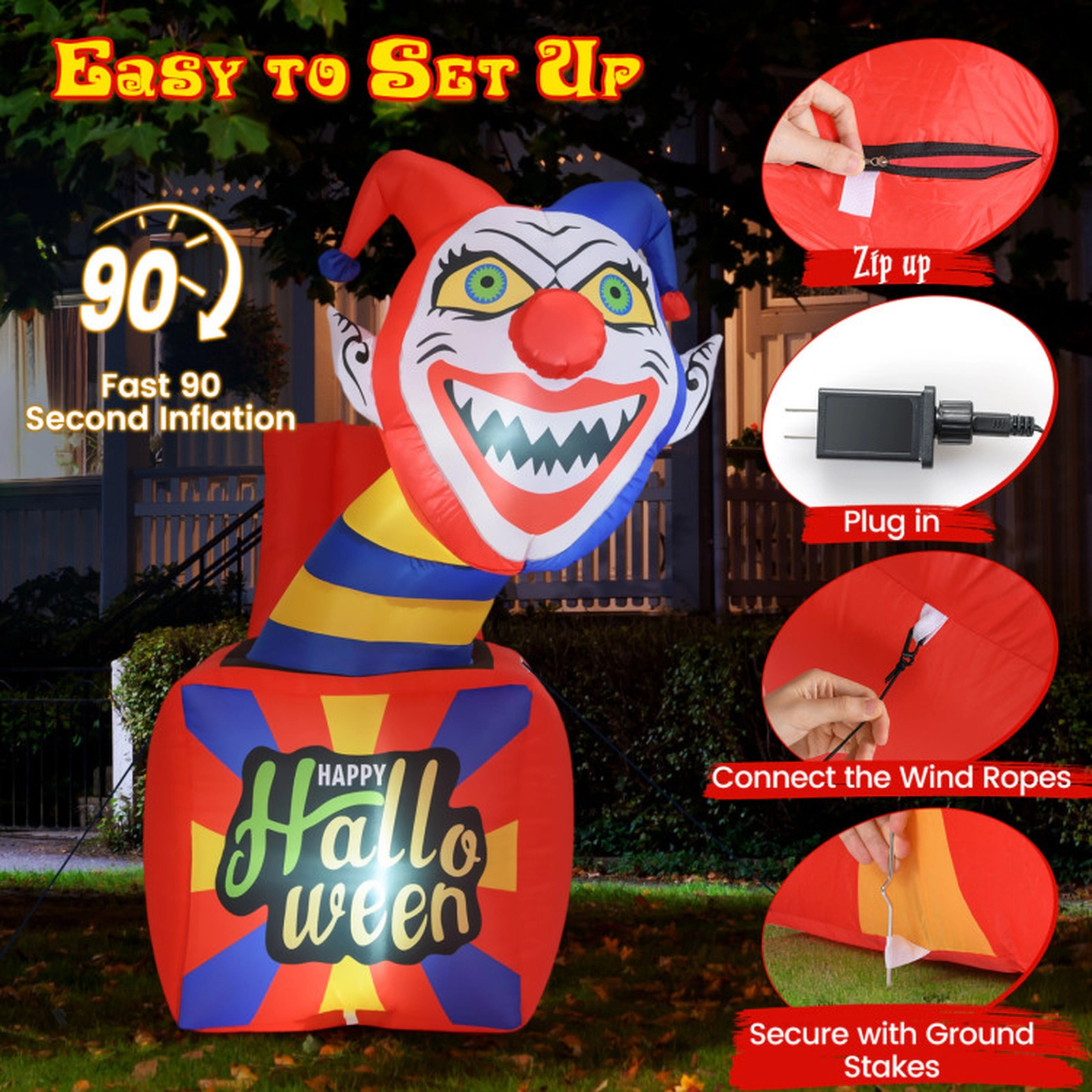 SUGIFT Halloween Inflatable Clown Jack-in-the-Box with 6 LED Lights